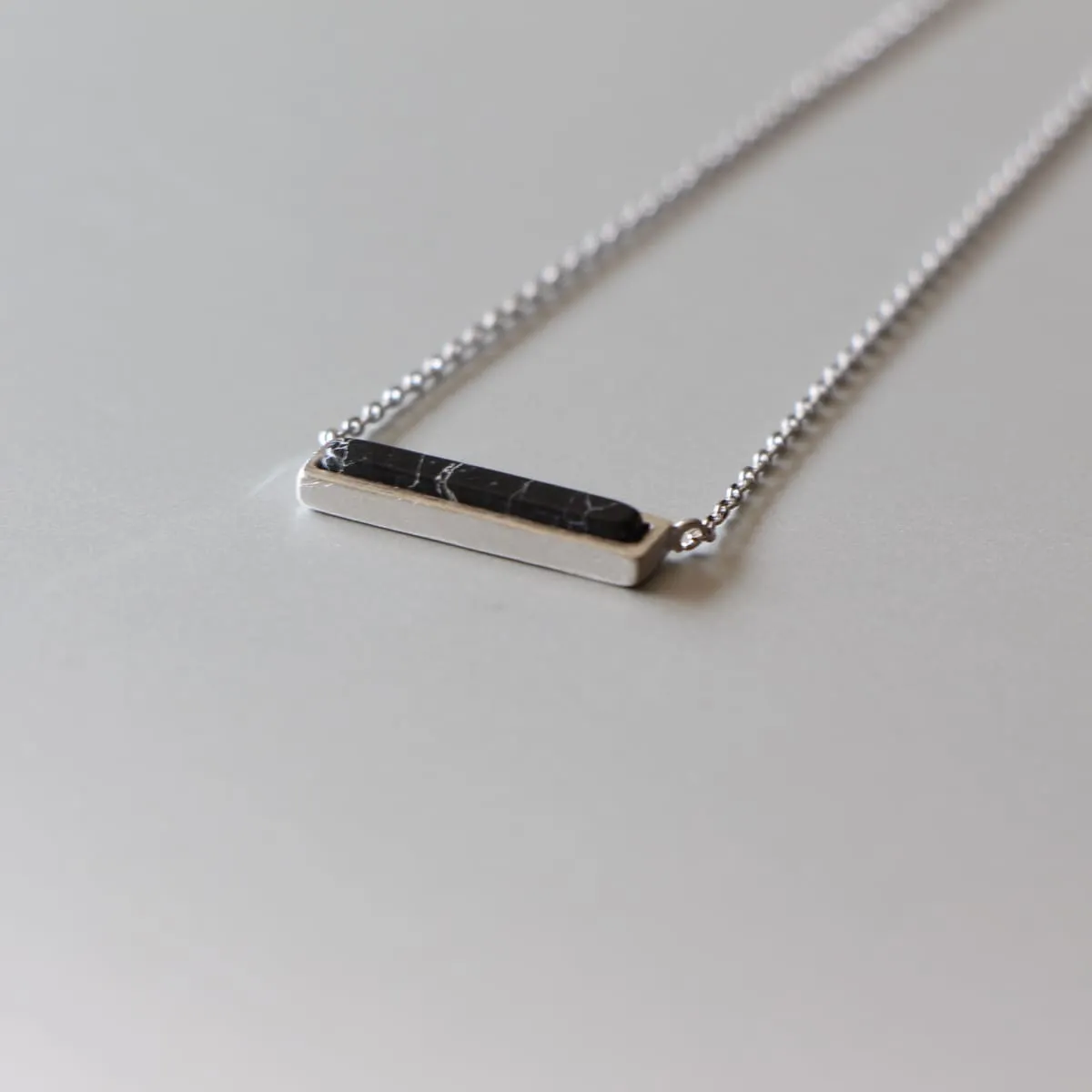 Black howlite bar necklace, Silver neck charm, Rhodium plated brass necklace, Elegant gift, N9