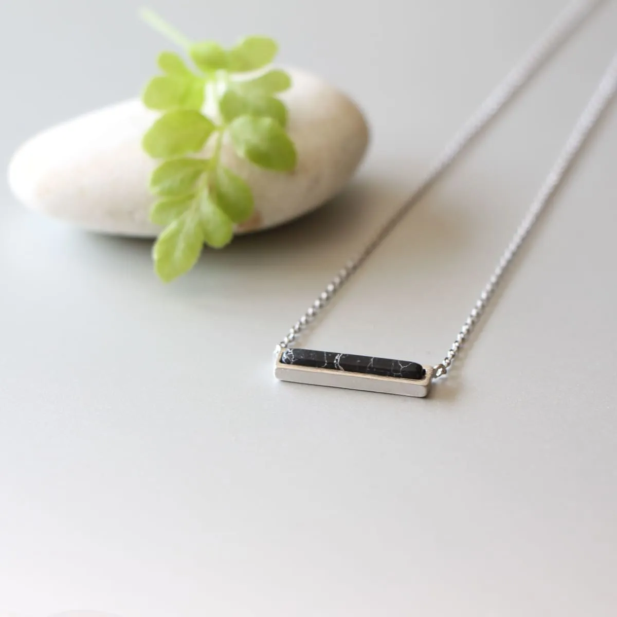 Black howlite bar necklace, Silver neck charm, Rhodium plated brass necklace, Elegant gift, N9