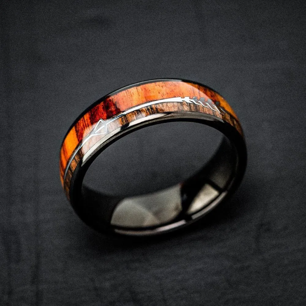 Black Tungsten Carbide Wedding Band With Wood and Arrow Inlay