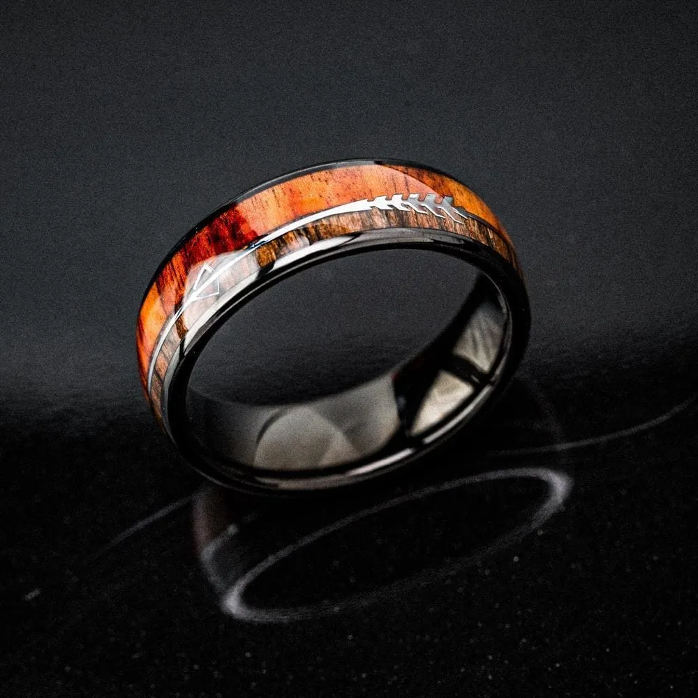 Black Tungsten Carbide Wedding Band With Wood and Arrow Inlay