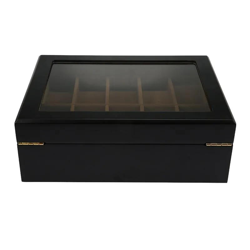 Black Wooden Watch Box Jewelry and Watch Organizer 10 Grids