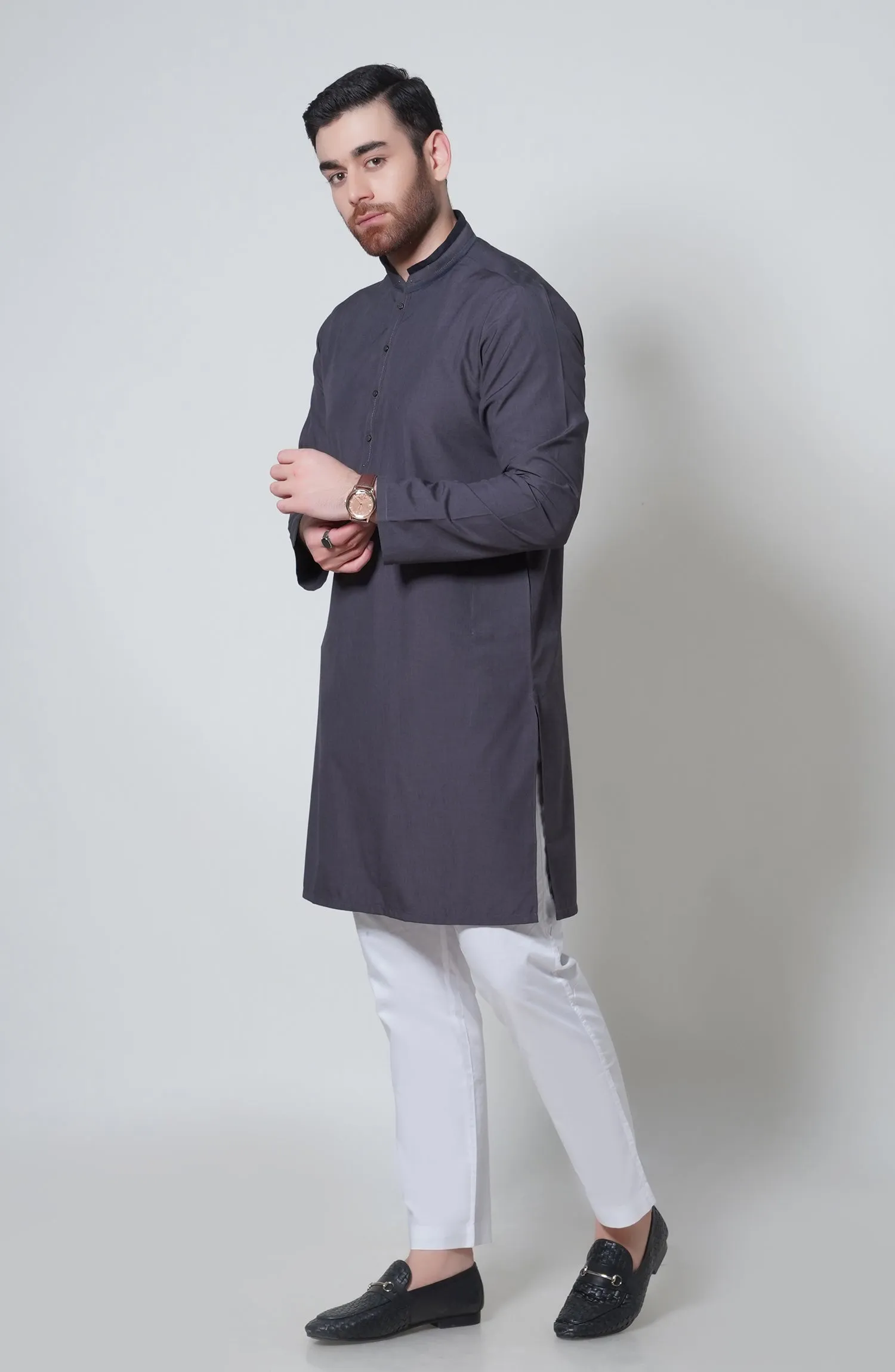 Blended Embroidered Kurta - Charcoal