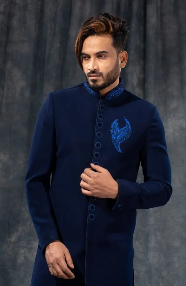 Blue and White Color Velvet Sherwani - Rent