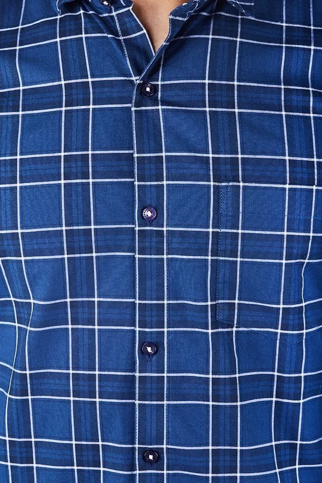 Blue Check Shirt - Men Regular Fit Checked Spread Shirt Blue