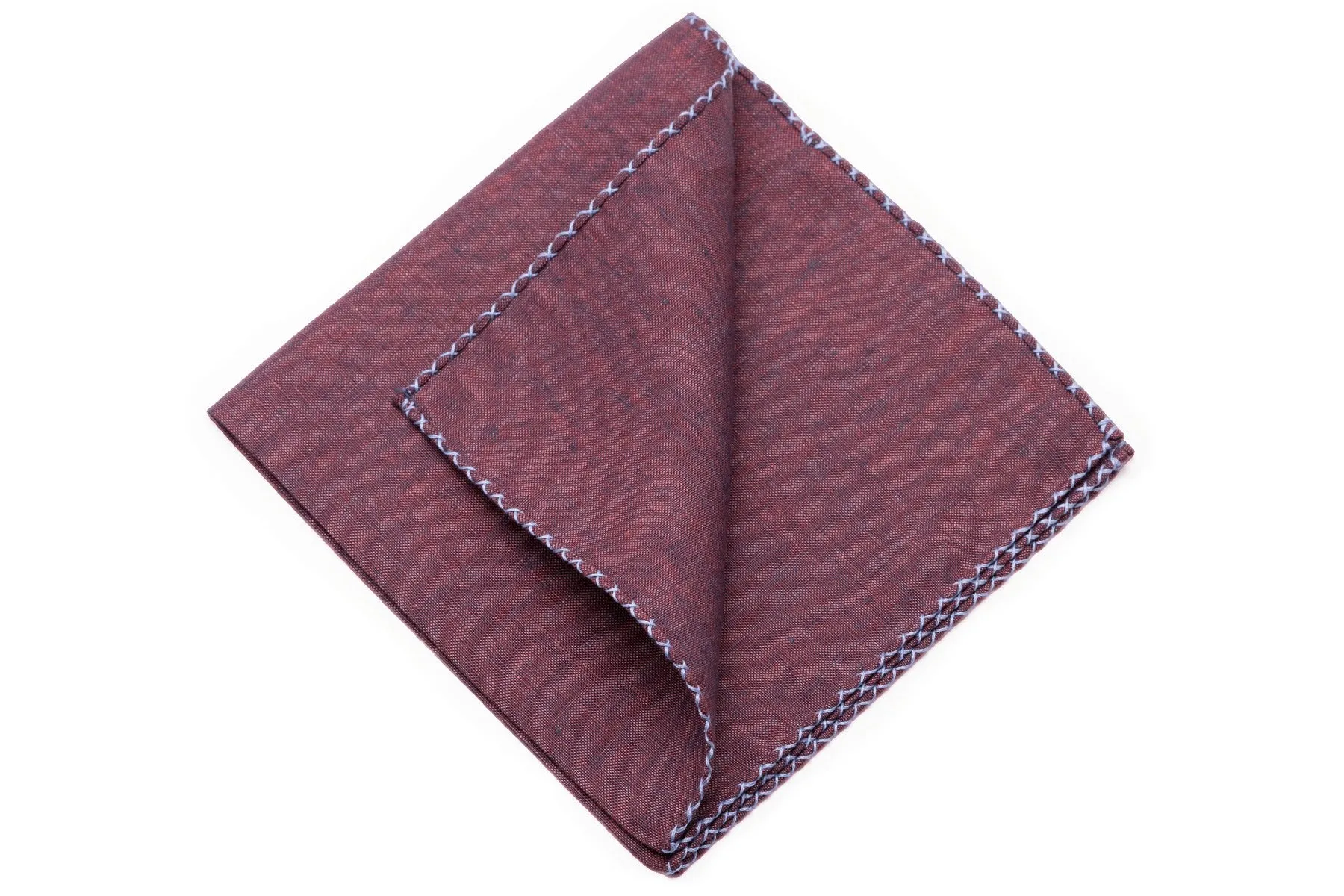 Blue X-Stitch Edge Dark Burgundy Linen Pocket Square