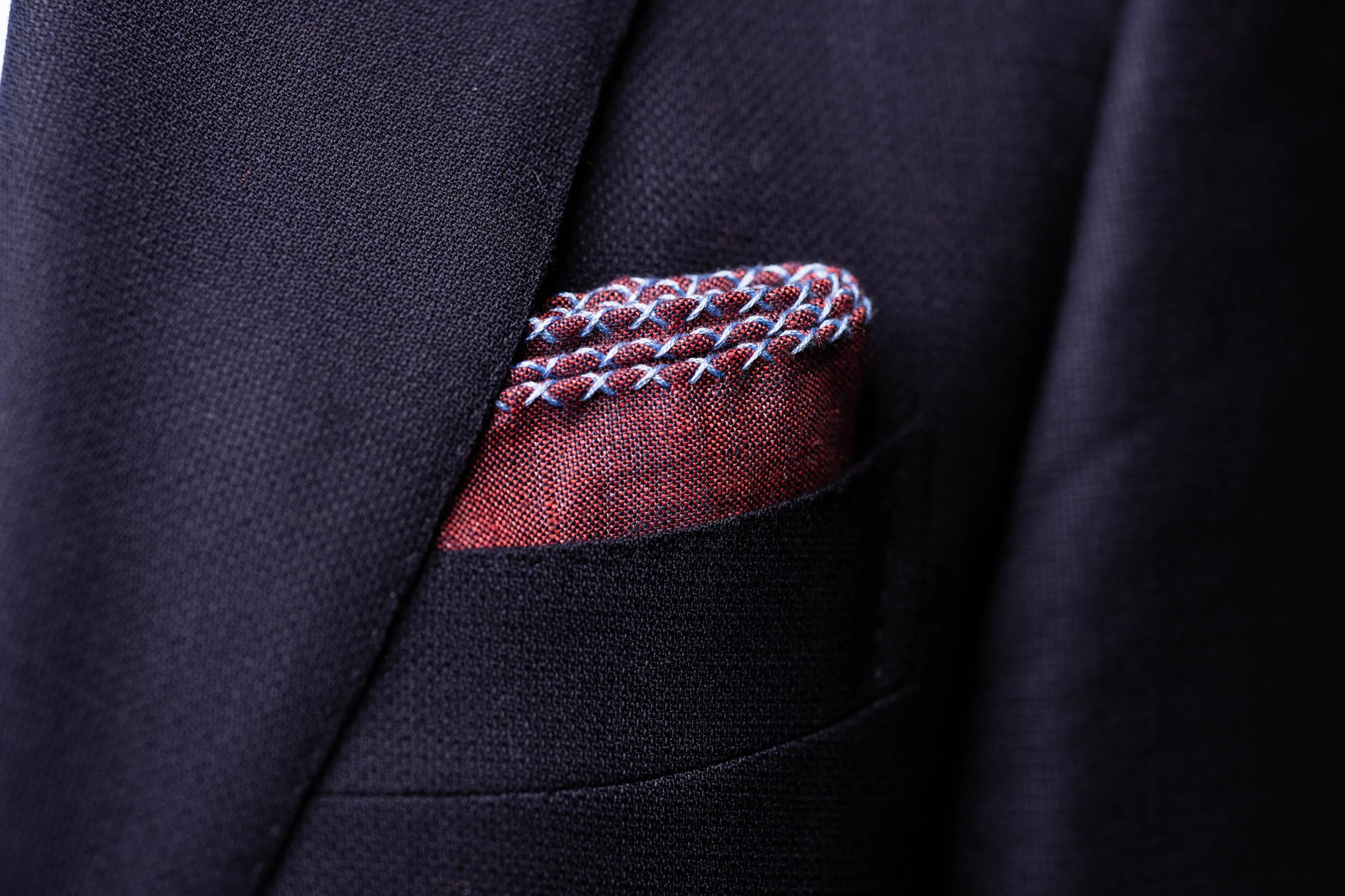 Blue X-Stitch Edge Dark Burgundy Linen Pocket Square