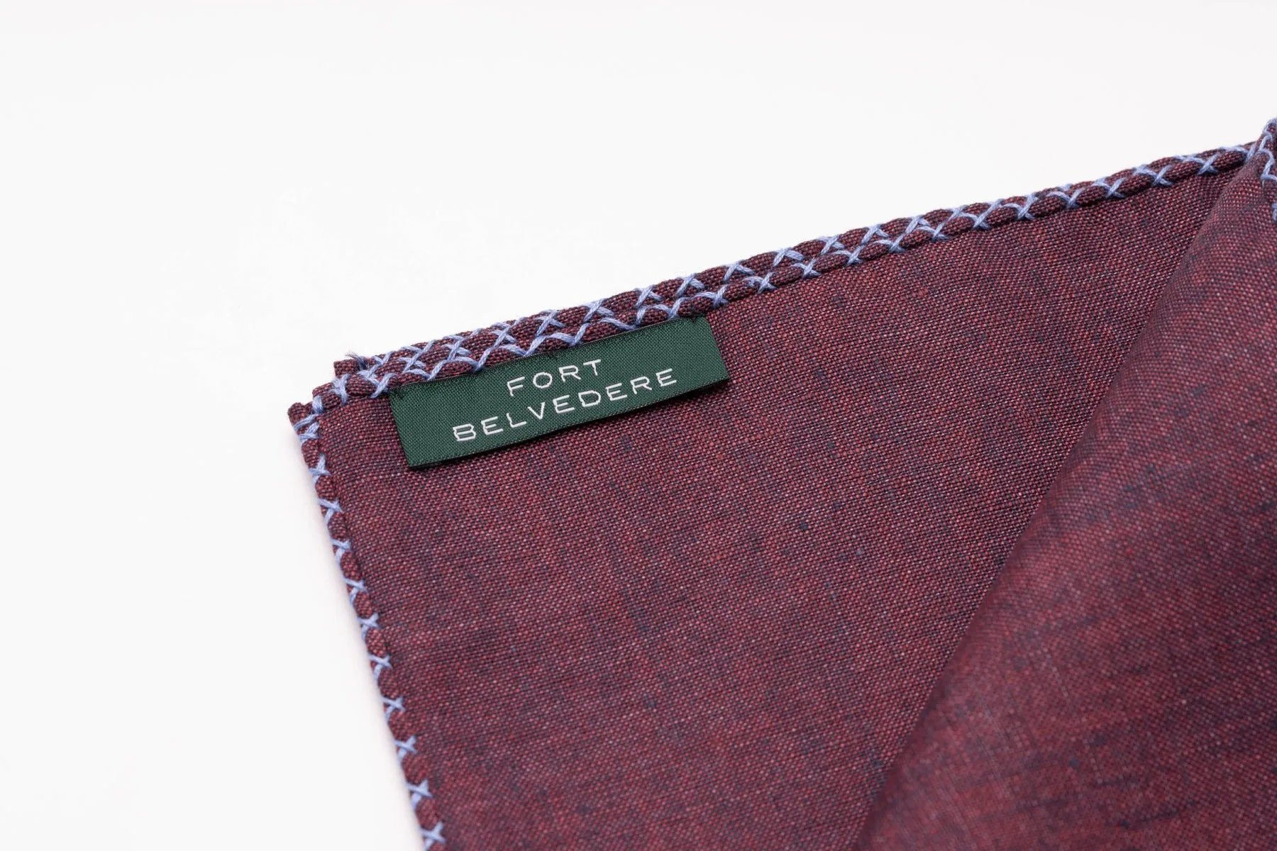 Blue X-Stitch Edge Dark Burgundy Linen Pocket Square