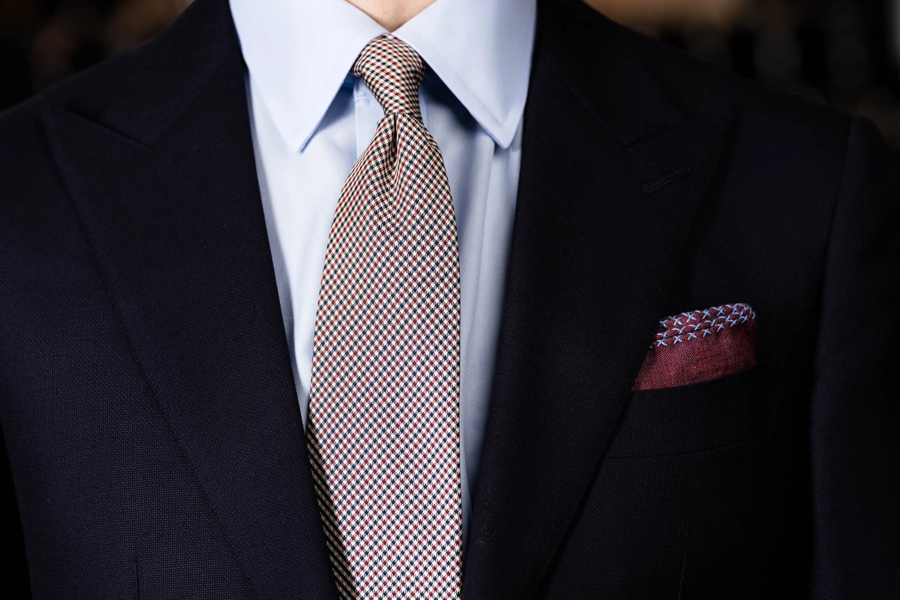 Blue X-Stitch Edge Dark Burgundy Linen Pocket Square