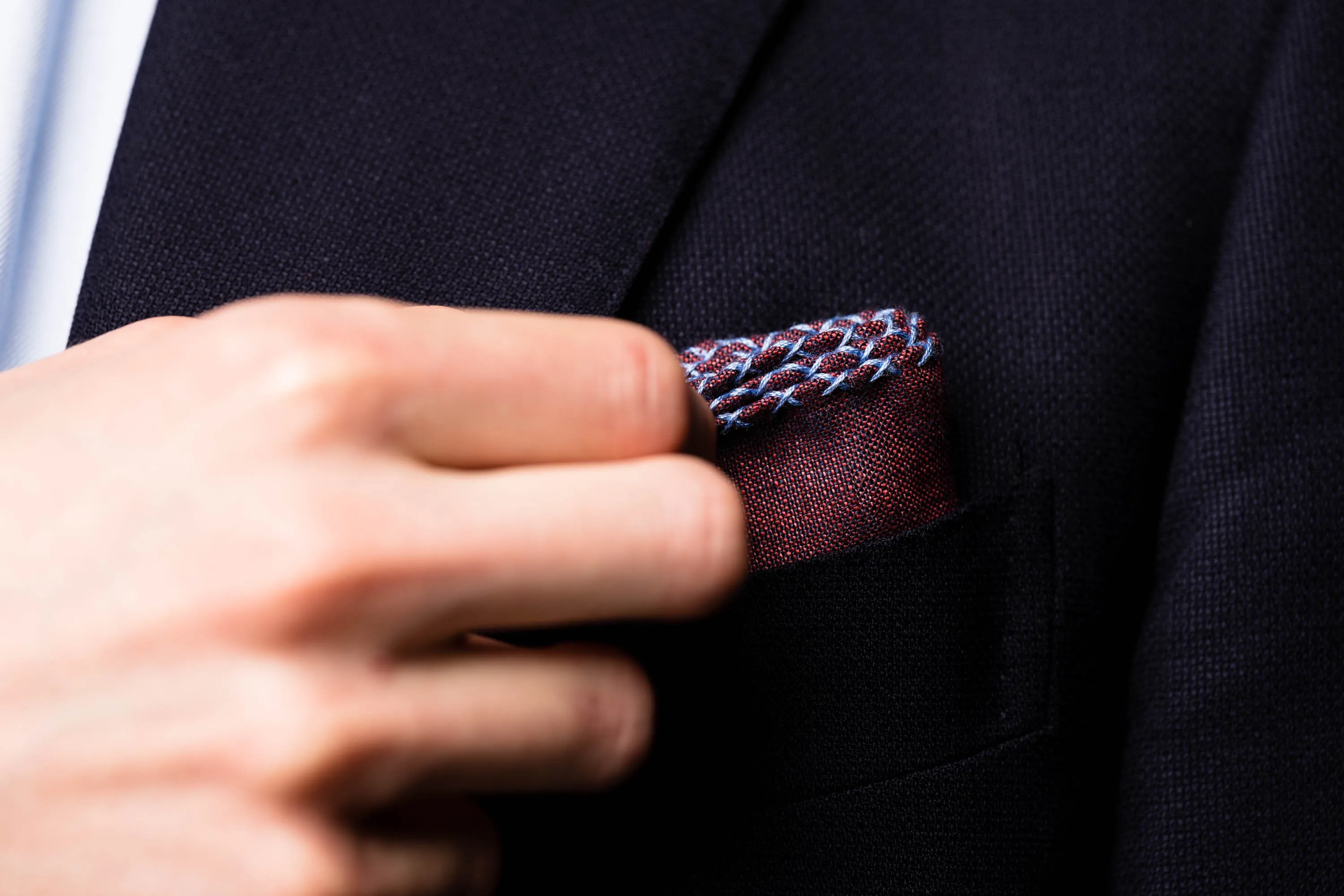 Blue X-Stitch Edge Dark Burgundy Linen Pocket Square