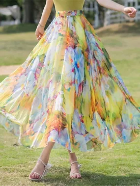 Boho Style Chiffon Floral Print Maxi Skirt for Women