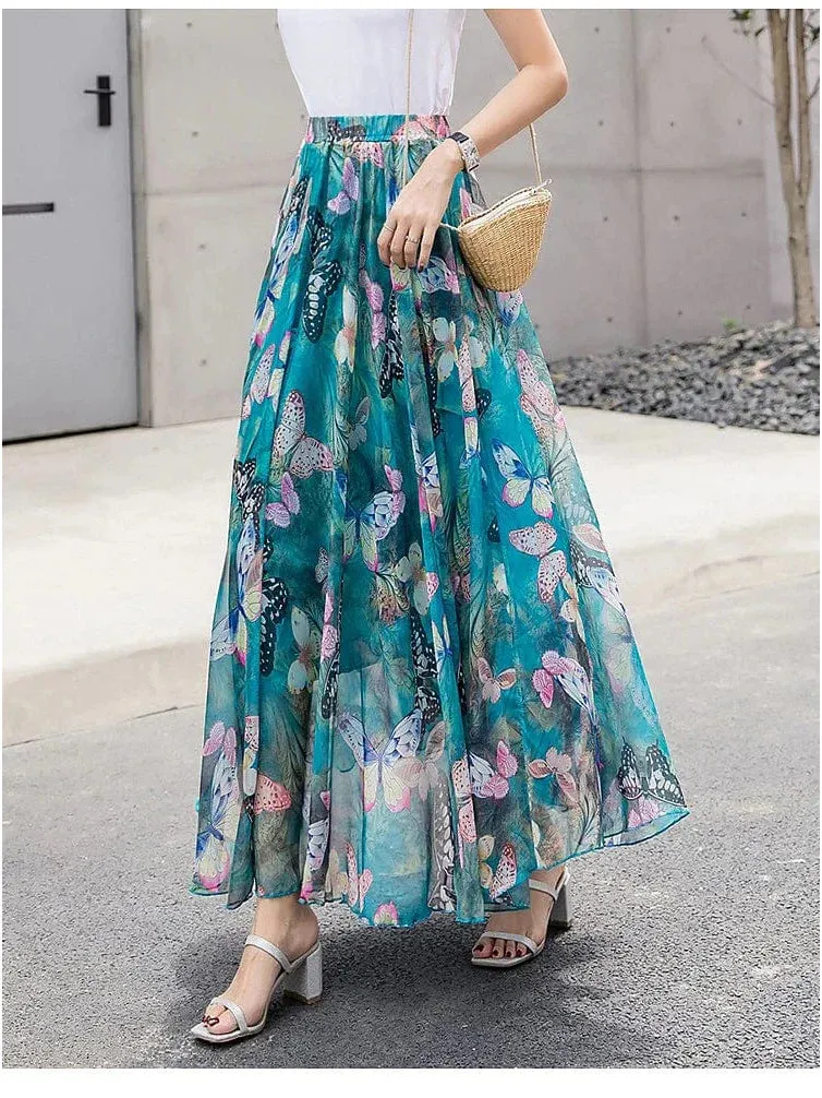 Boho Style Chiffon Floral Print Maxi Skirt for Women