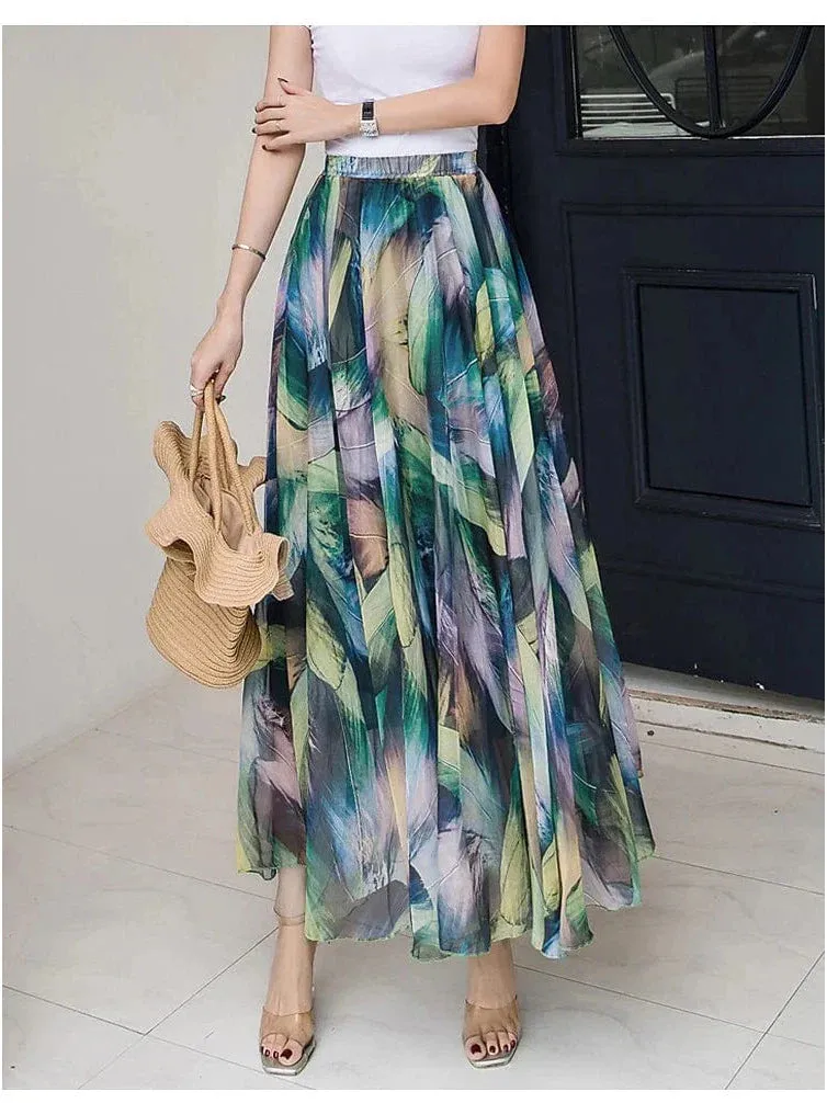 Boho Style Chiffon Floral Print Maxi Skirt for Women