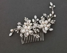 Bridal Hair Comb with Pearl Rhinestone Flowers