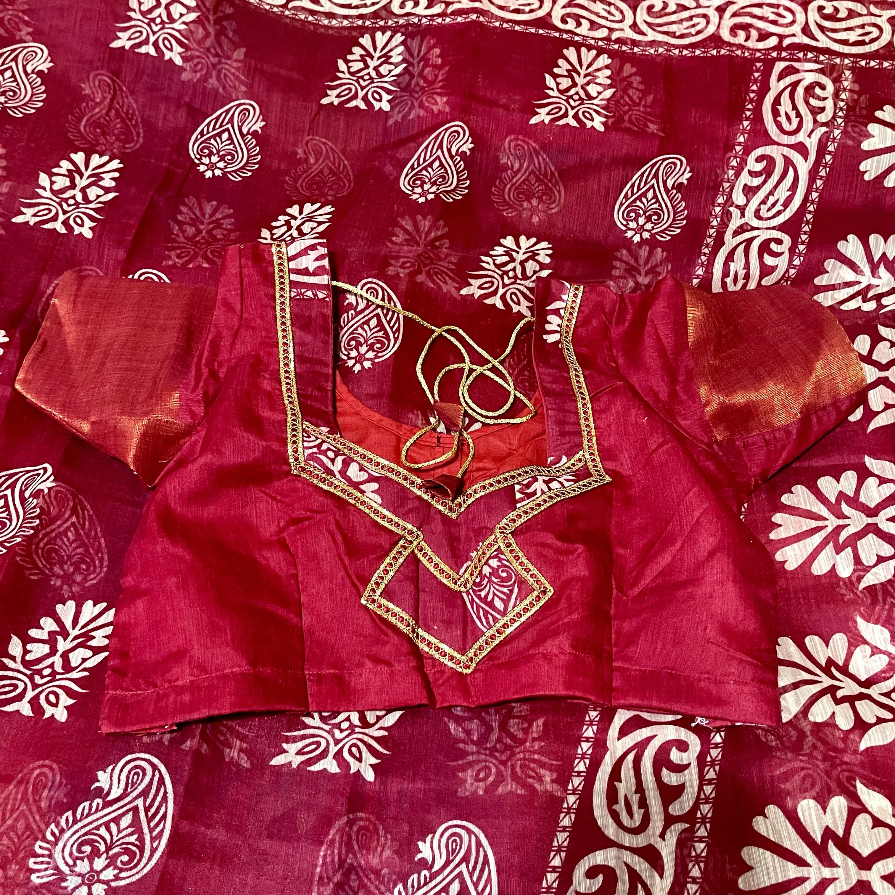 Burgandy Red Batik Print Soft Jute Cotton Saree with Stitched Blouse