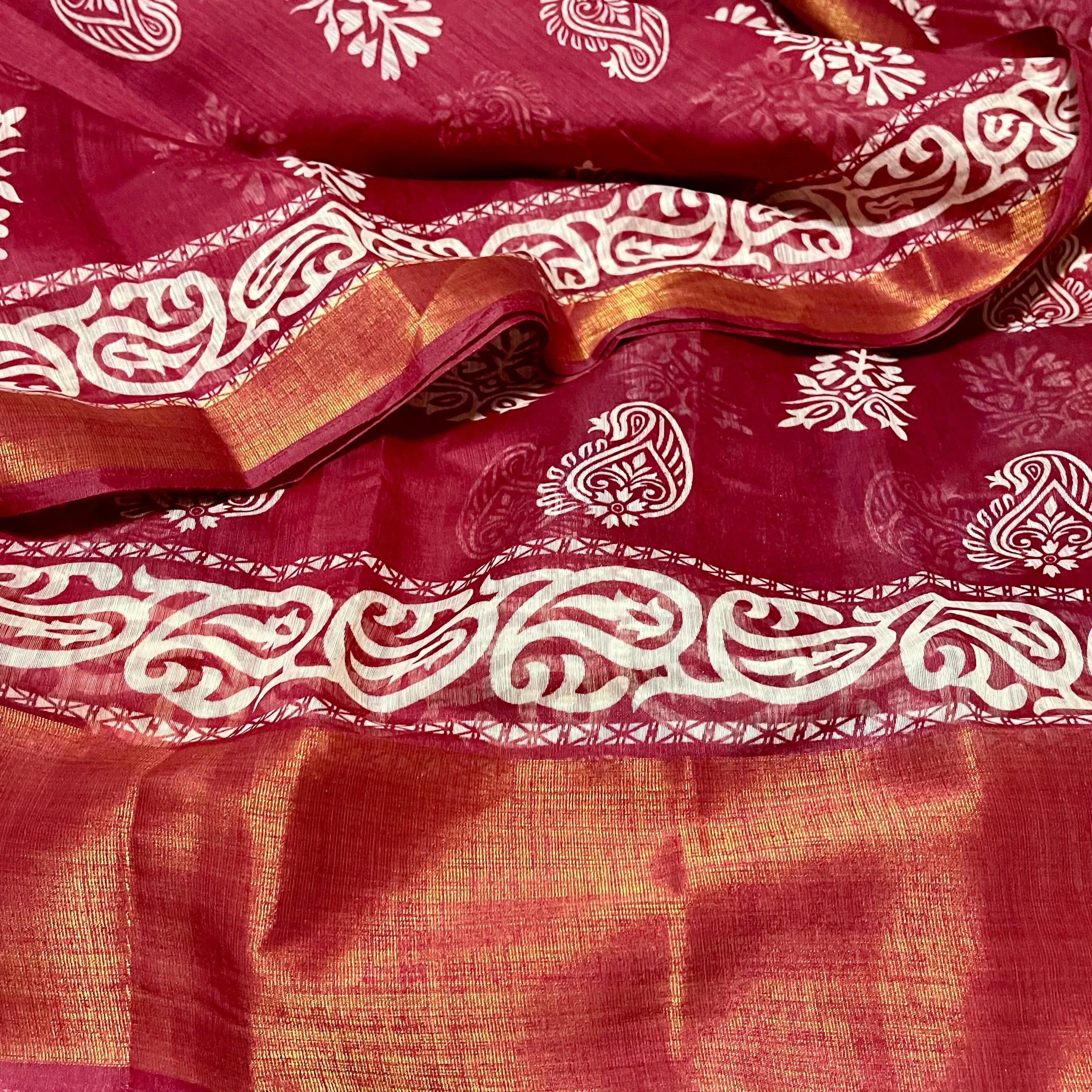 Burgandy Red Batik Print Soft Jute Cotton Saree with Stitched Blouse