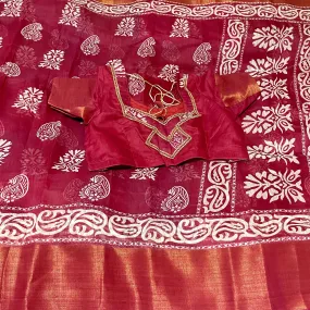 Burgandy Red Batik Print Soft Jute Cotton Saree with Stitched Blouse