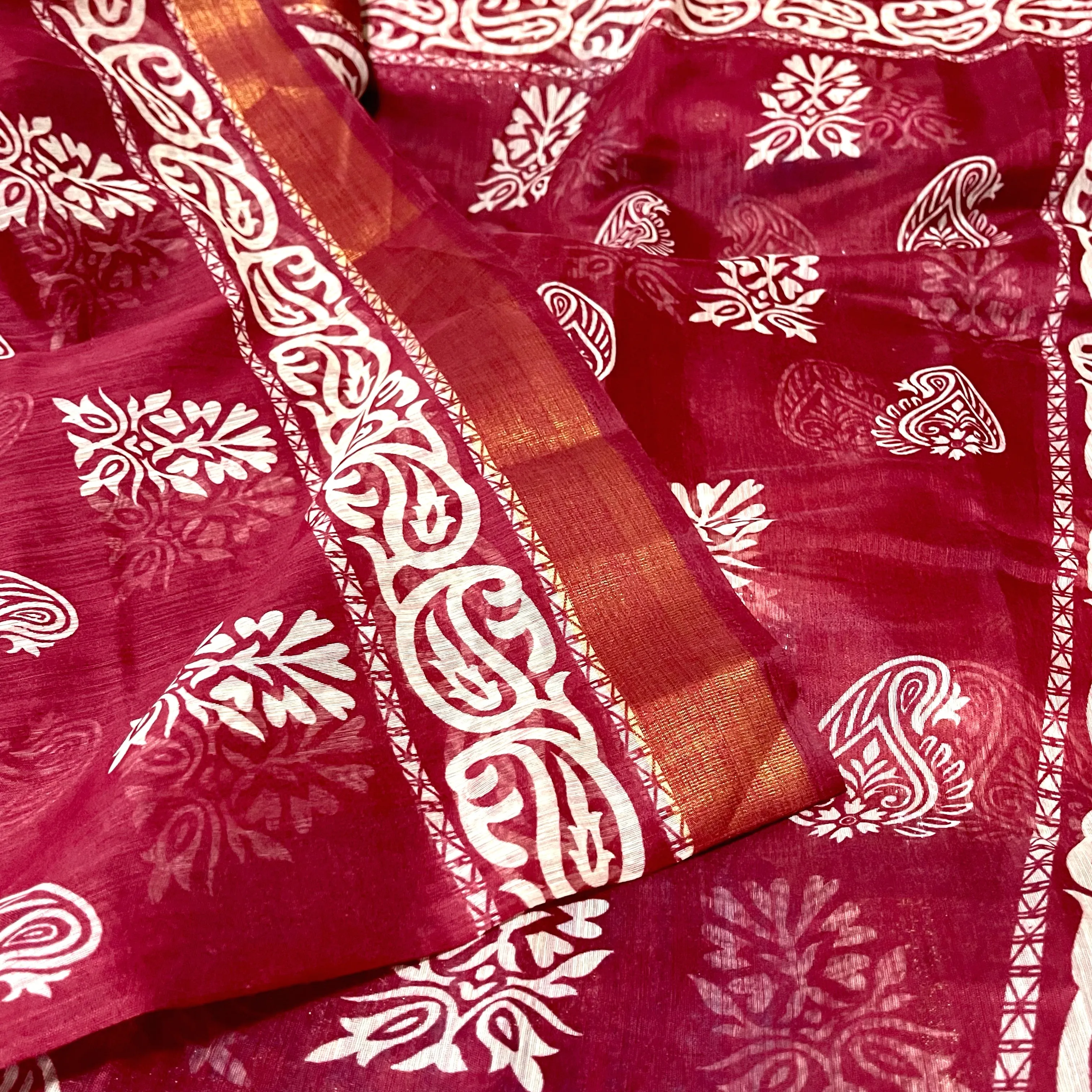 Burgandy Red Batik Print Soft Jute Cotton Saree with Stitched Blouse