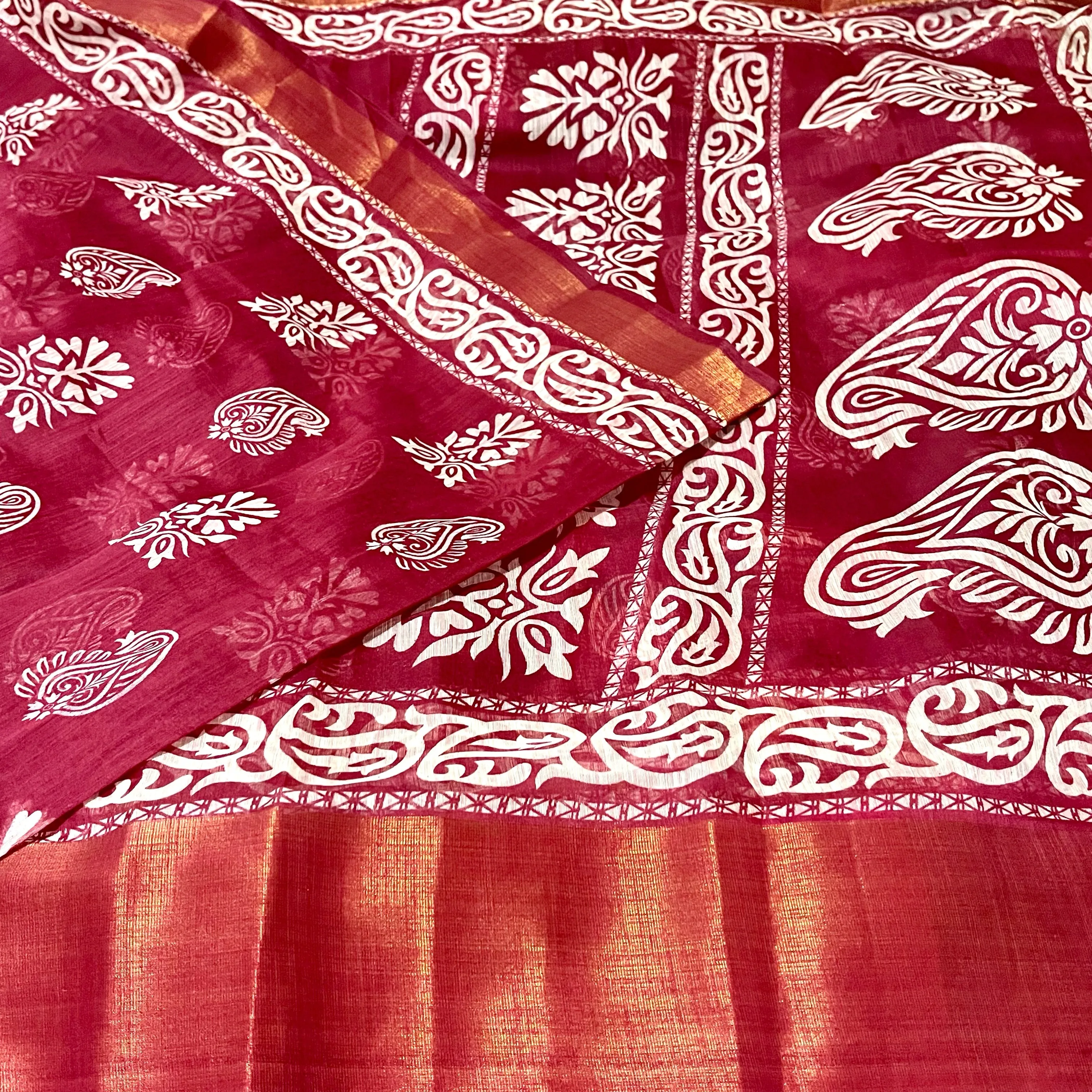 Burgandy Red Batik Print Soft Jute Cotton Saree with Stitched Blouse