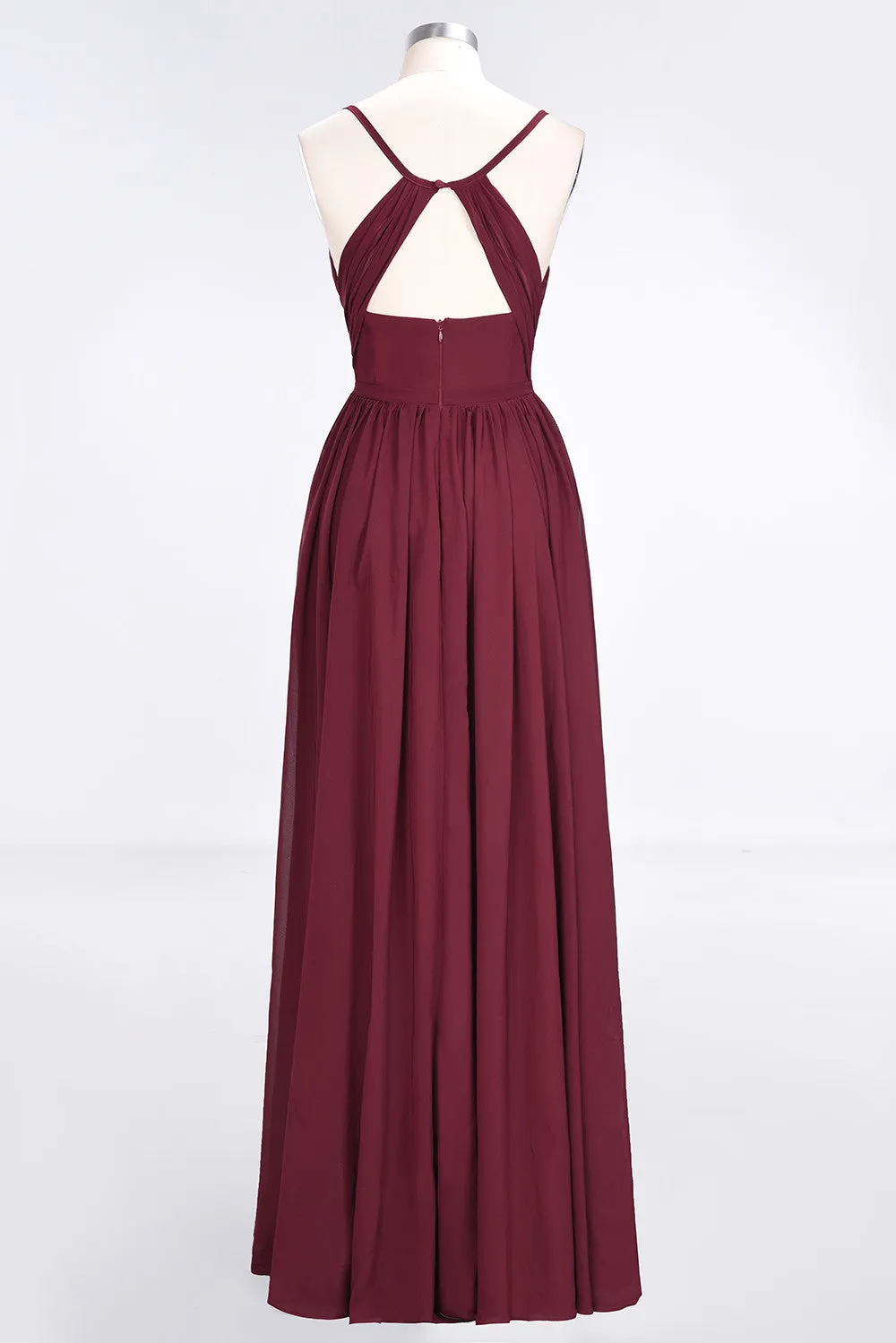 Burgundy A-Line Chiffon Spaghetti-Straps V-Neck Long Bridesmaid Dress