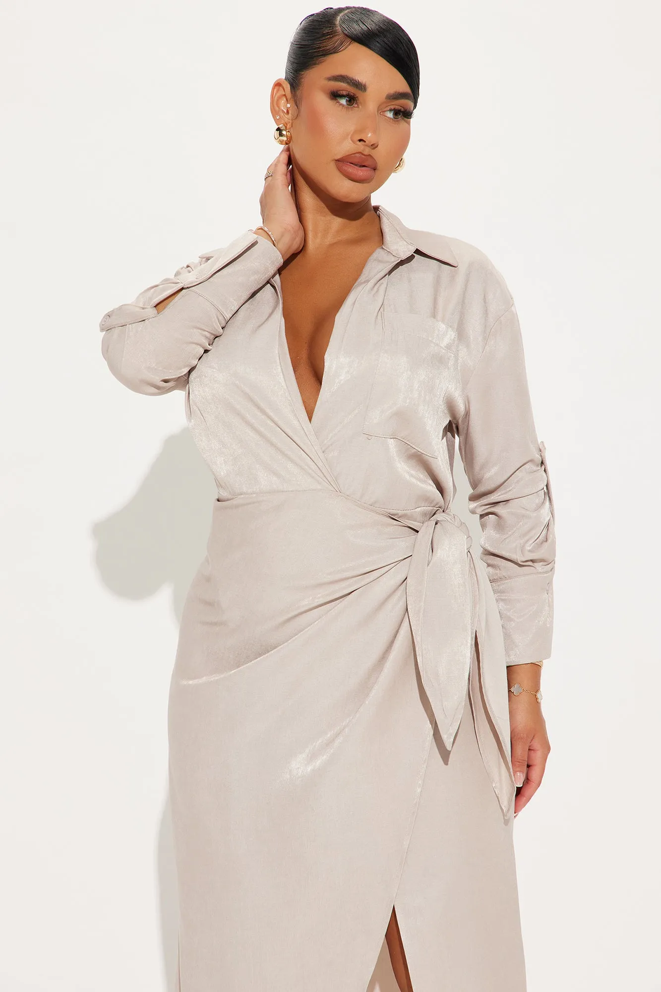 Business Classy Maxi Shirt Dress - Taupe