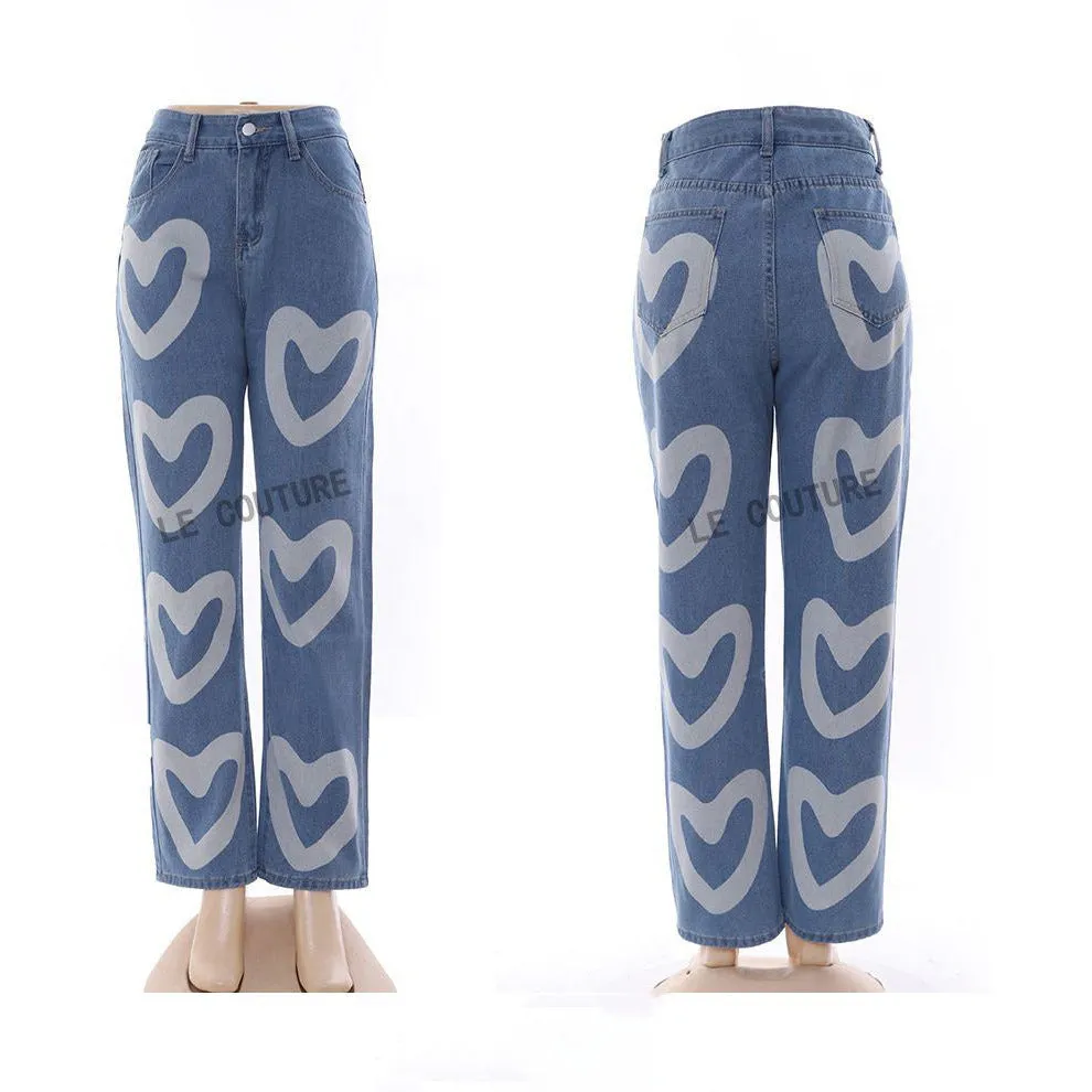 Casual Heart Printed High Waist Jean