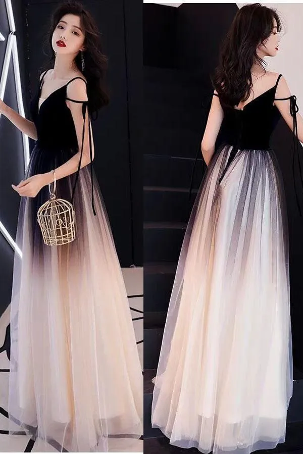 Chic Black Ombre Tulle Prom Dresses Unique V Neck Sleeveless Party Dresses Dance Dress