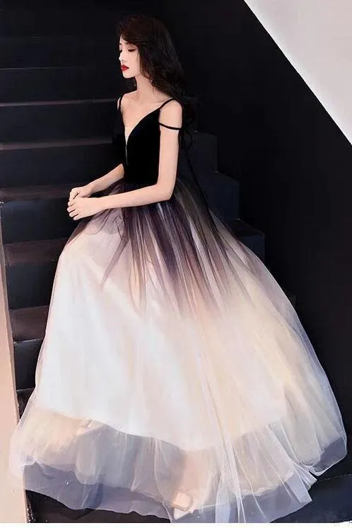 Chic Black Ombre Tulle Prom Dresses Unique V Neck Sleeveless Party Dresses Dance Dress