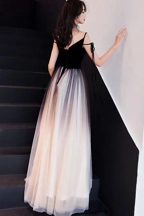 Chic Black Ombre Tulle Prom Dresses Unique V Neck Sleeveless Party Dresses Dance Dress