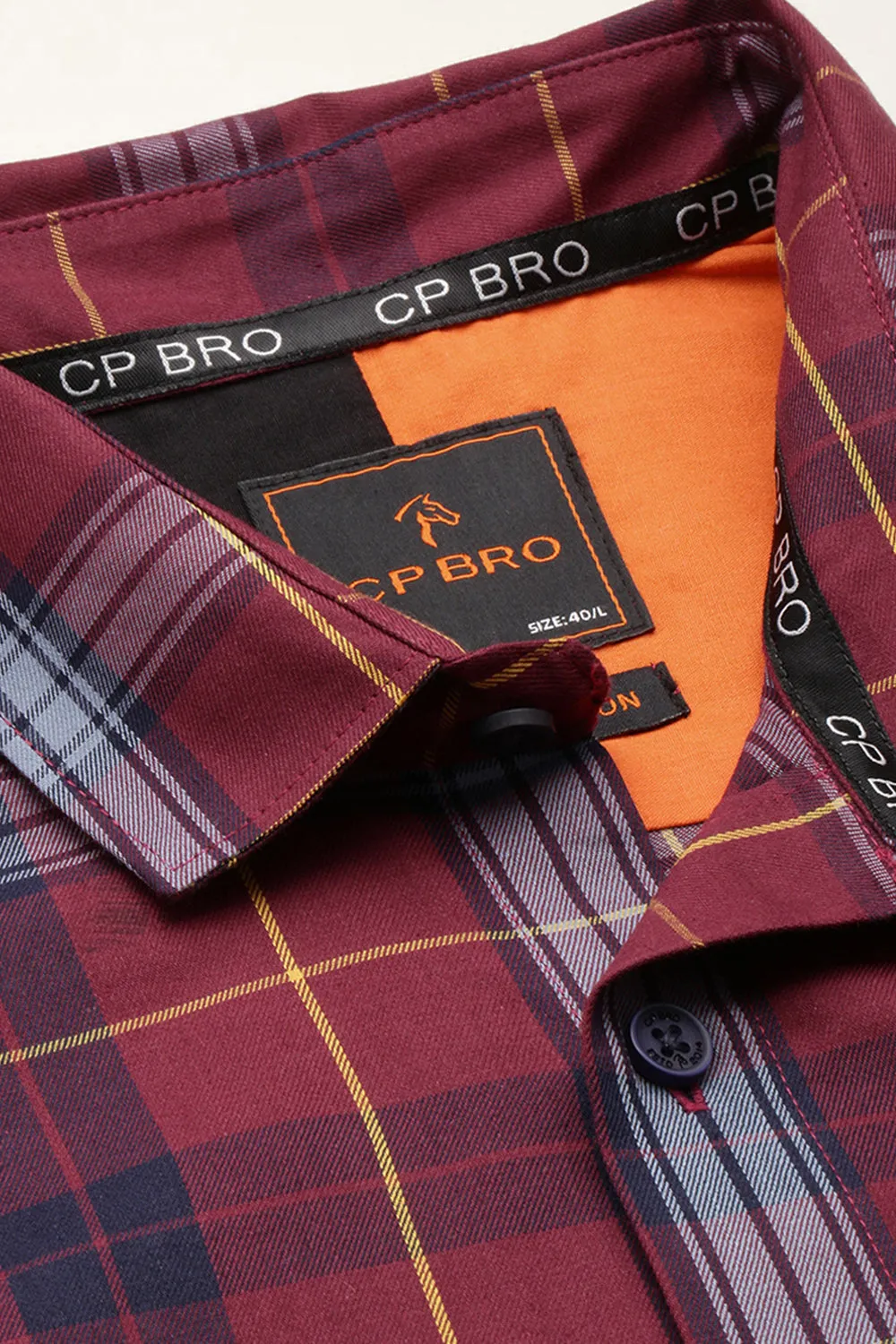 CP BRO Men's Cotton Full Sleeve Checked Slim Fit Collar Neck Maroon Color Woven Shirt | Sbo1-25 B