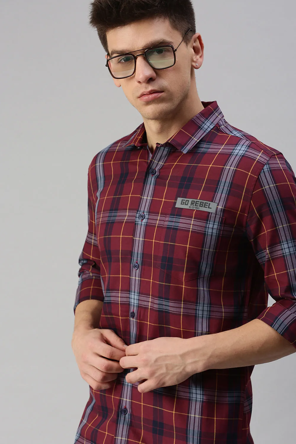 CP BRO Men's Cotton Full Sleeve Checked Slim Fit Collar Neck Maroon Color Woven Shirt | Sbo1-25 B