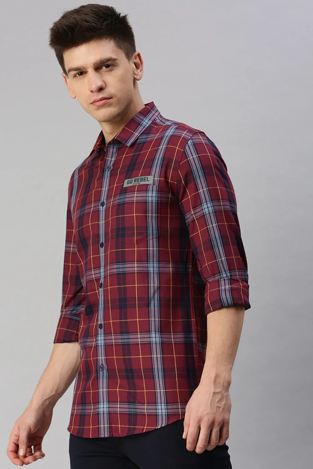 CP BRO Men's Cotton Full Sleeve Checked Slim Fit Collar Neck Maroon Color Woven Shirt | Sbo1-25 B