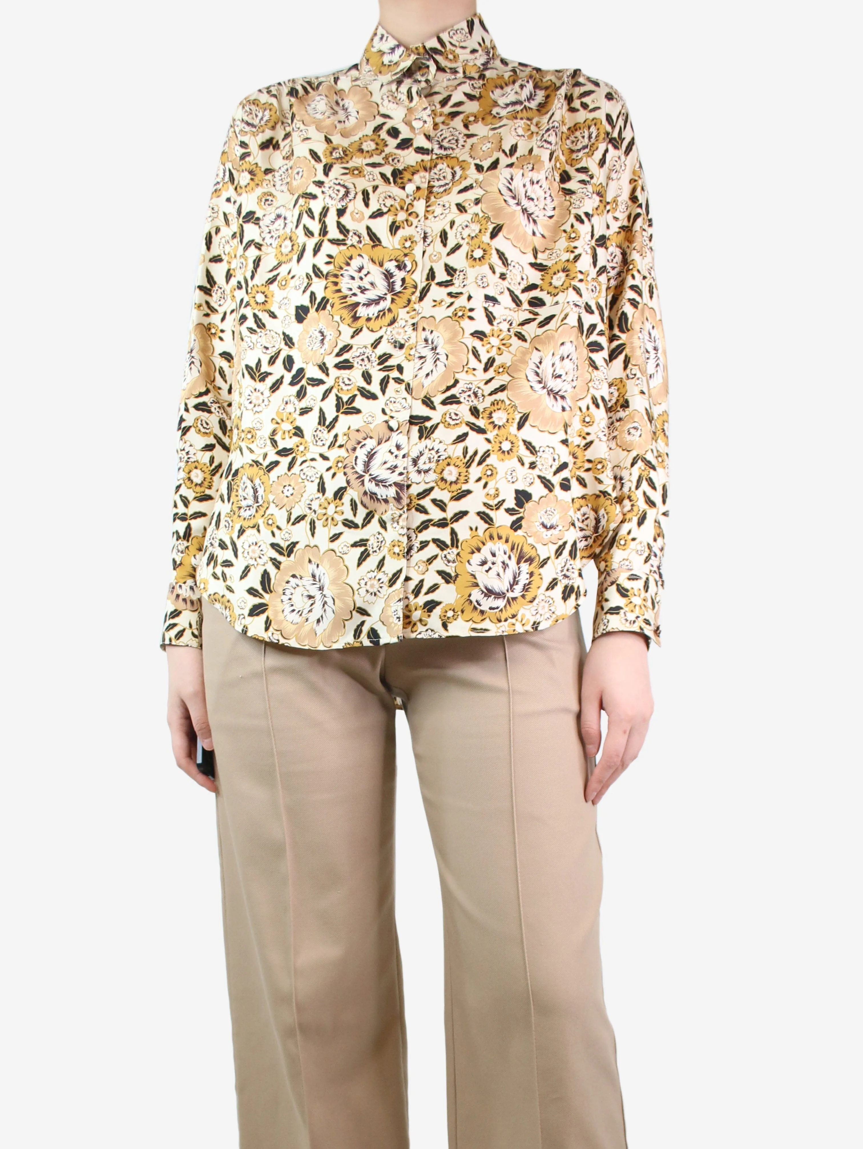 Cream and brown silk floral blouse - size UK 8