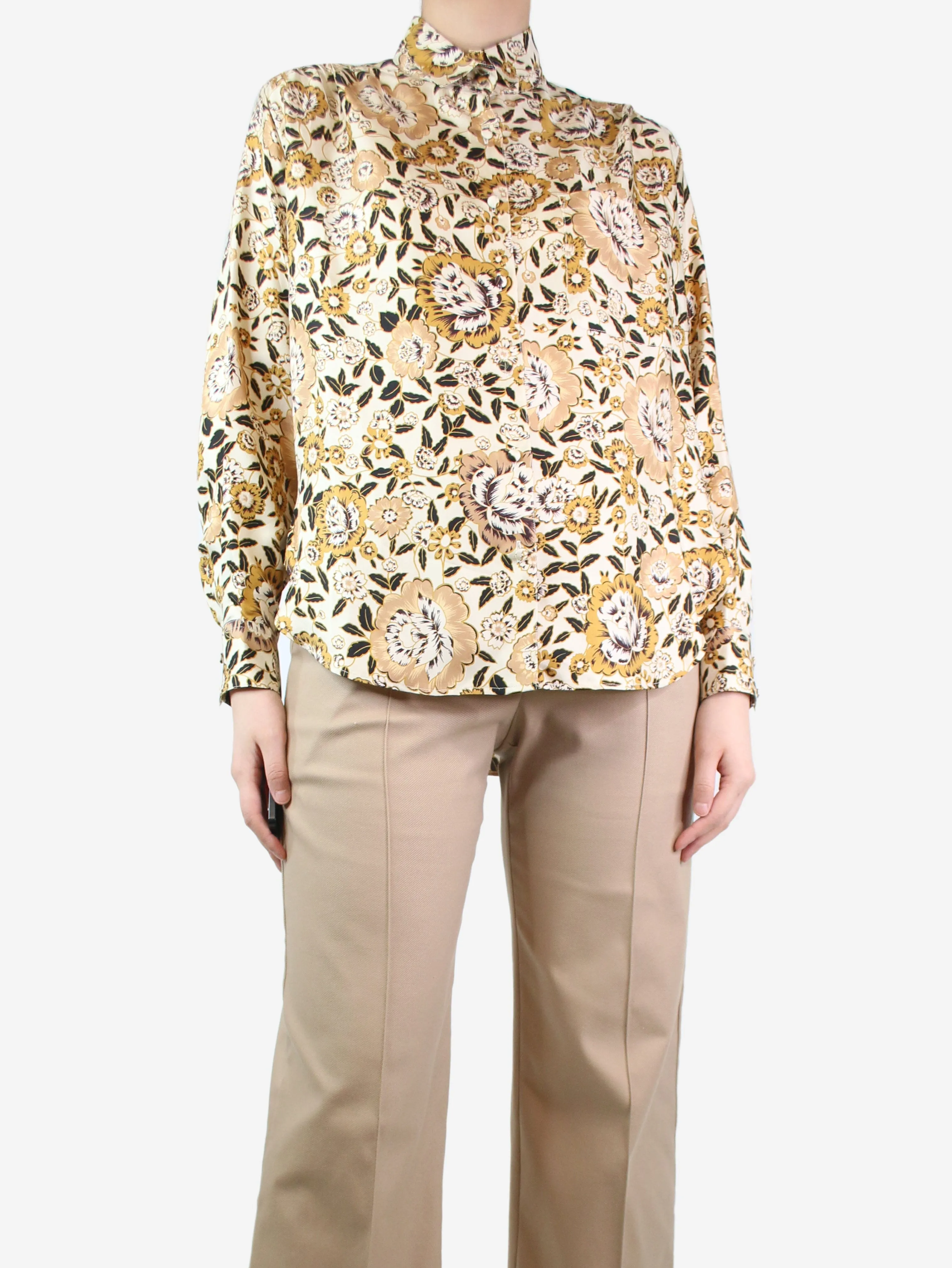 Cream and brown silk floral blouse - size UK 8