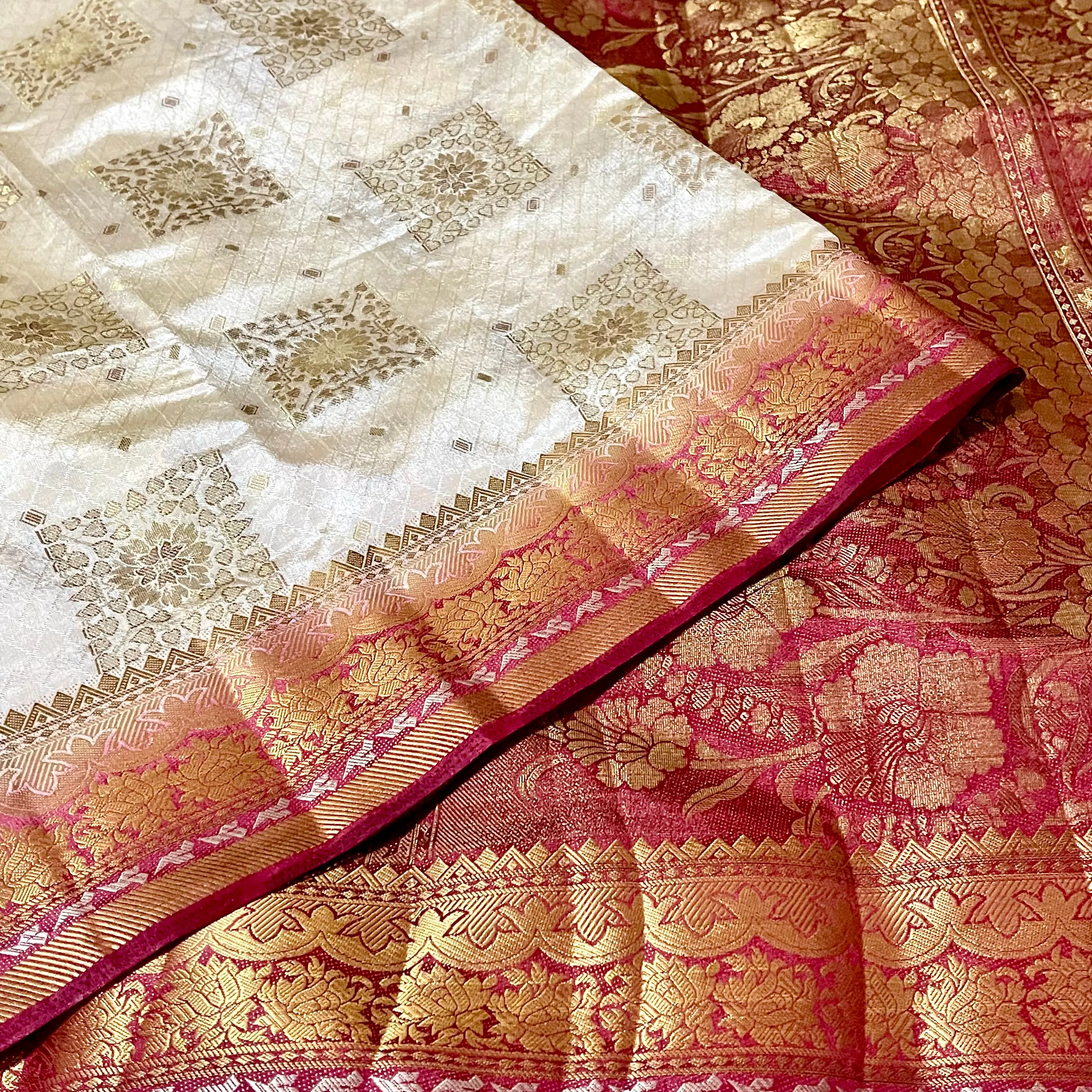 Cream White and Maroon South Tusser Silk Saree with Stitched Blouse