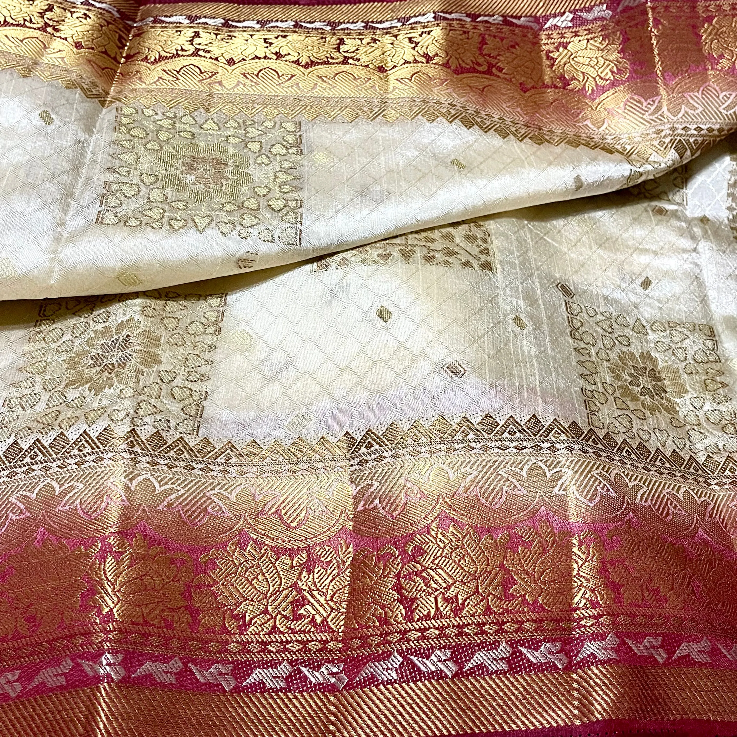 Cream White and Maroon South Tusser Silk Saree with Stitched Blouse