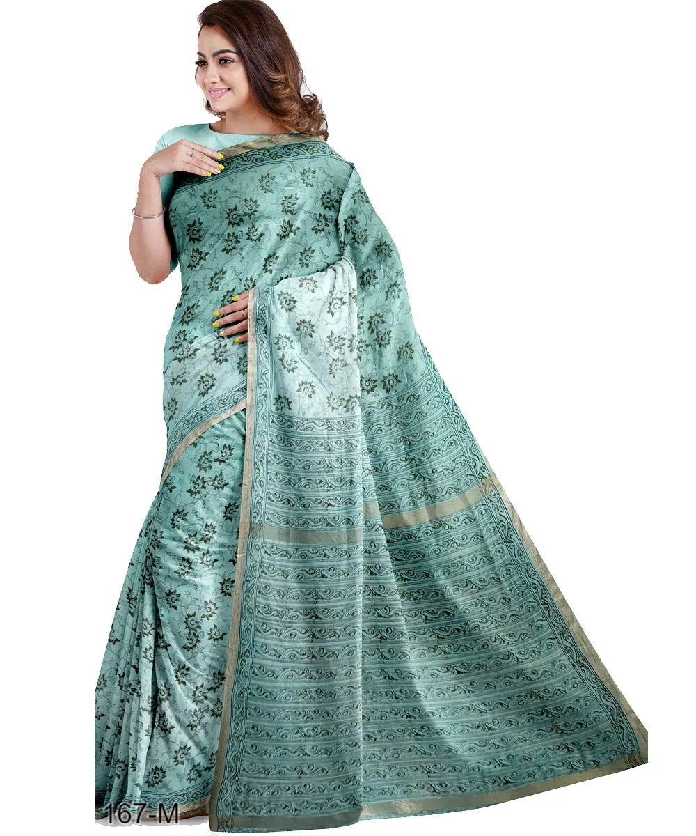 Cyan green hand printed maheshwari cotton silk saree