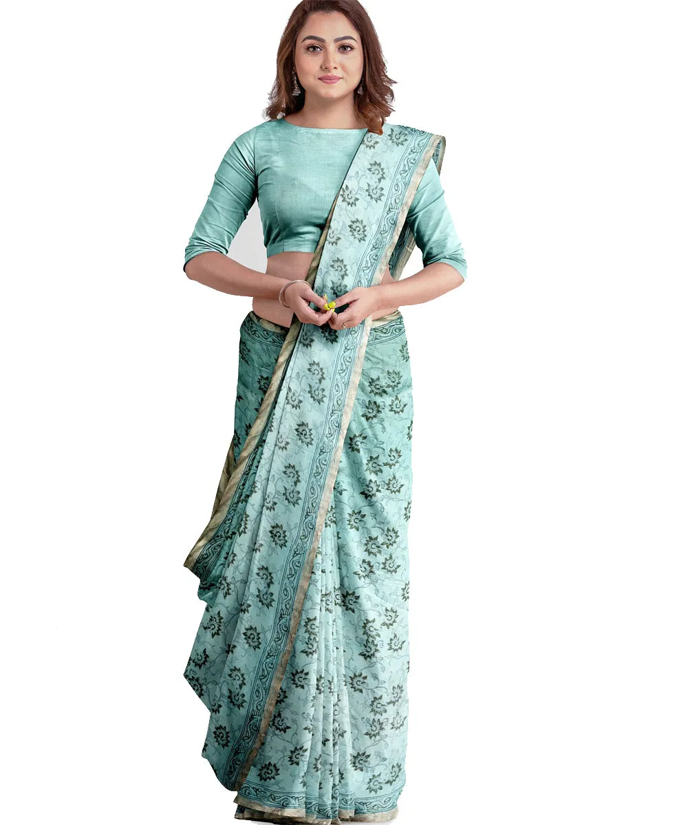 Cyan green hand printed maheshwari cotton silk saree