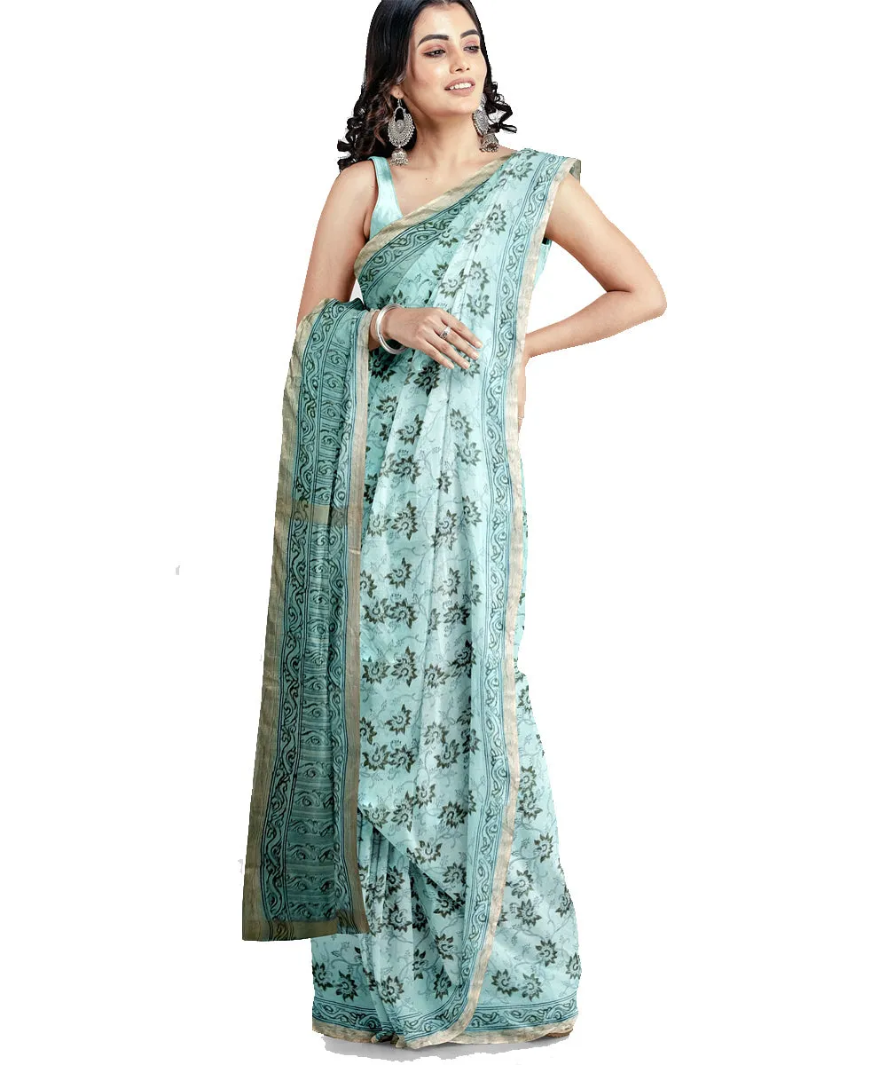 Cyan green hand printed maheshwari cotton silk saree