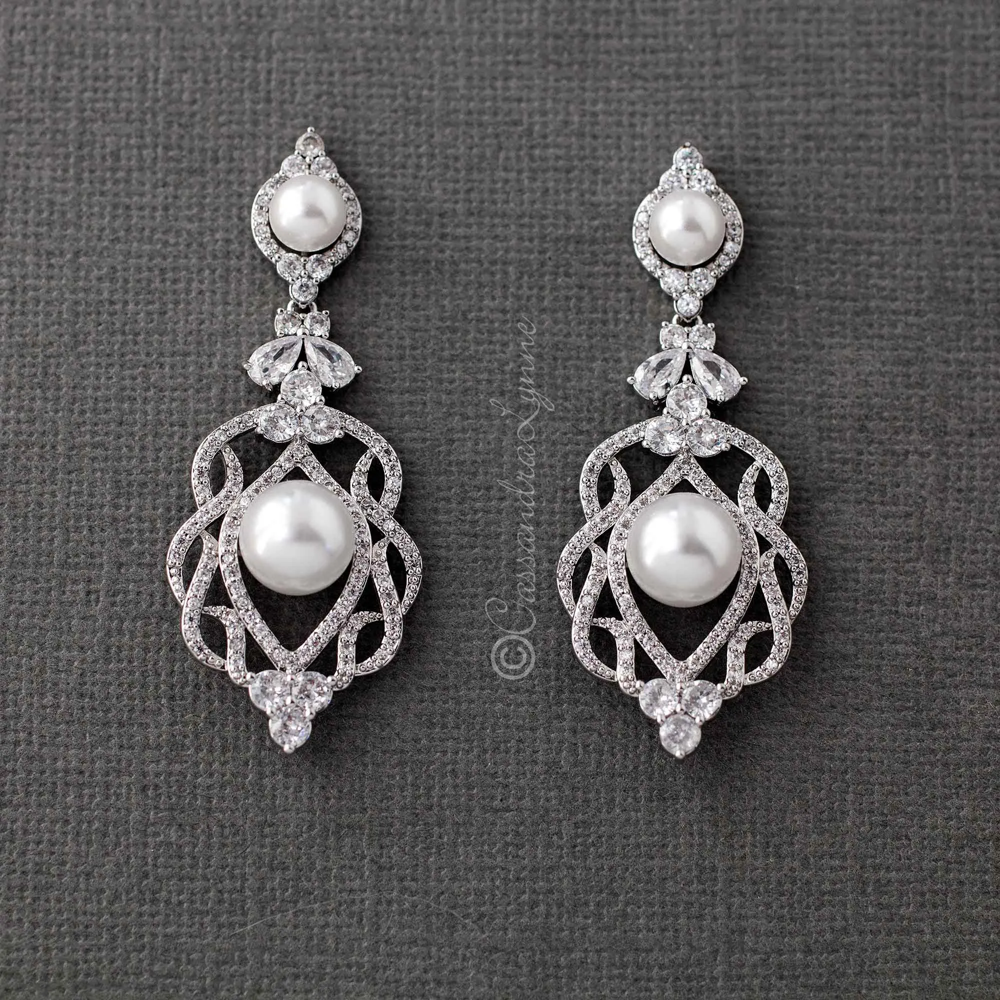 CZ Bridal Art Deco Earrings with Pearls