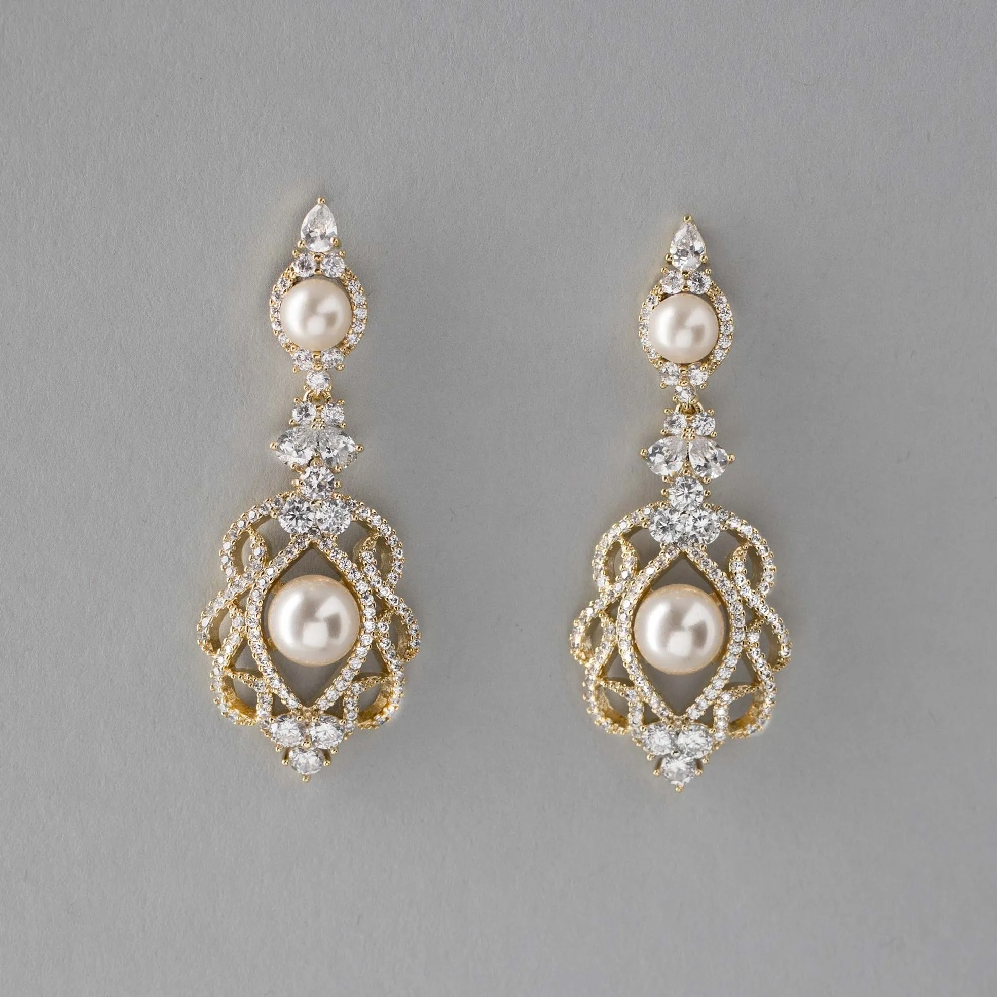 CZ Bridal Art Deco Earrings with Pearls