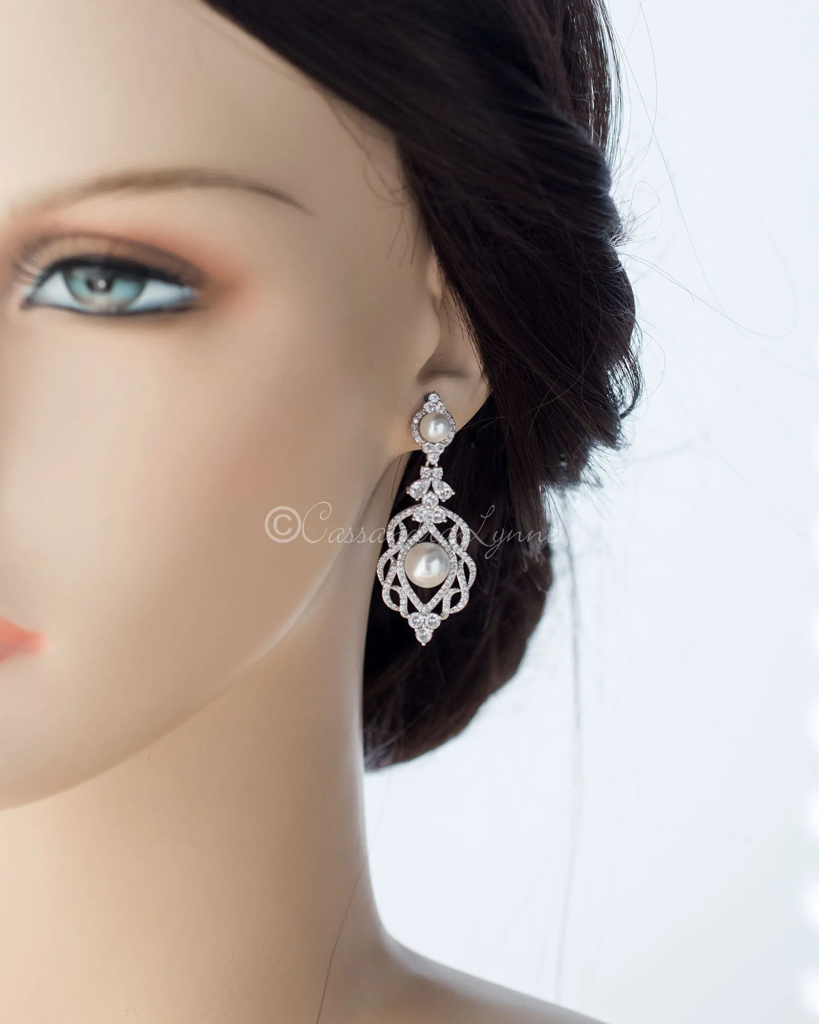 CZ Bridal Art Deco Earrings with Pearls