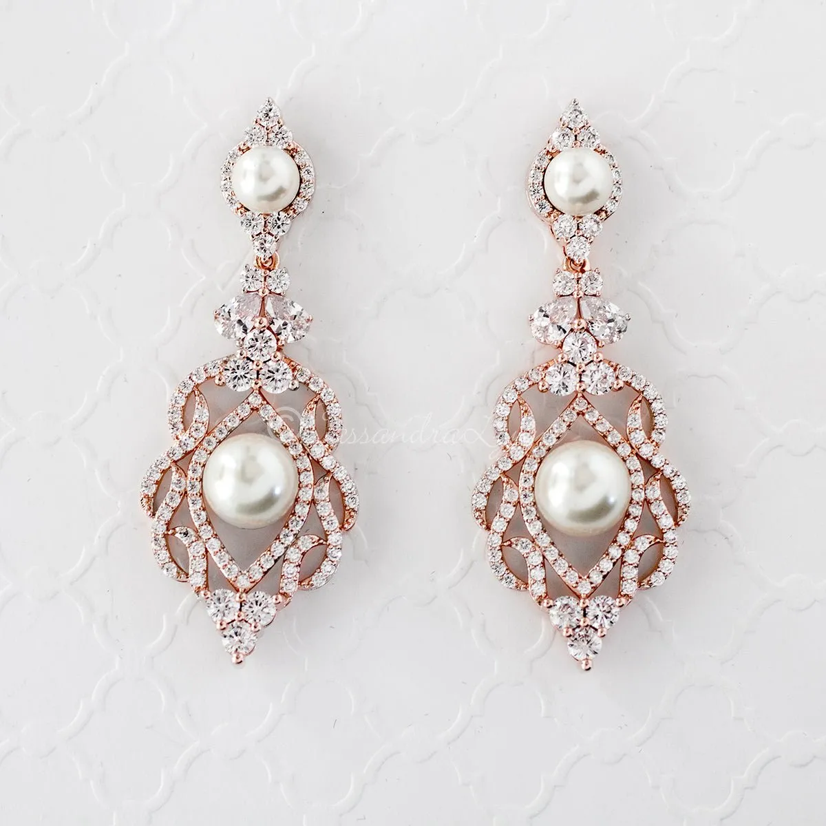 CZ Bridal Art Deco Earrings with Pearls