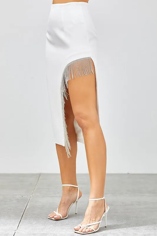 Dalia long fringe skirt, white