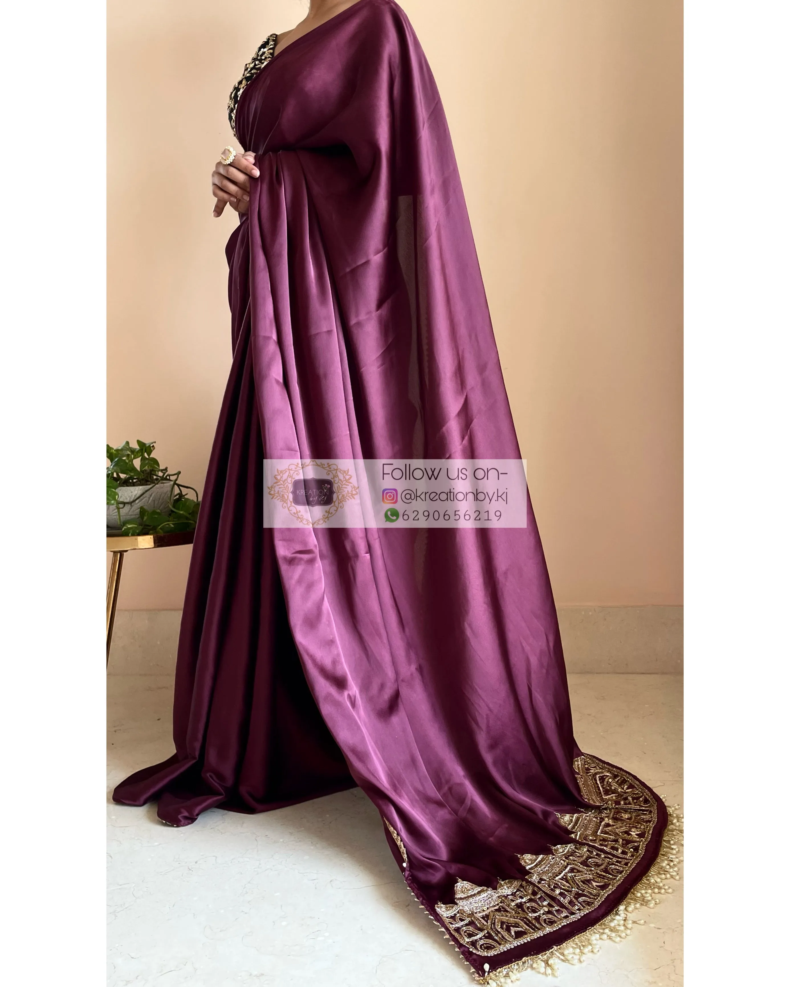 Dark Eggplant Wine Satin Silk Taj Mahal Saree