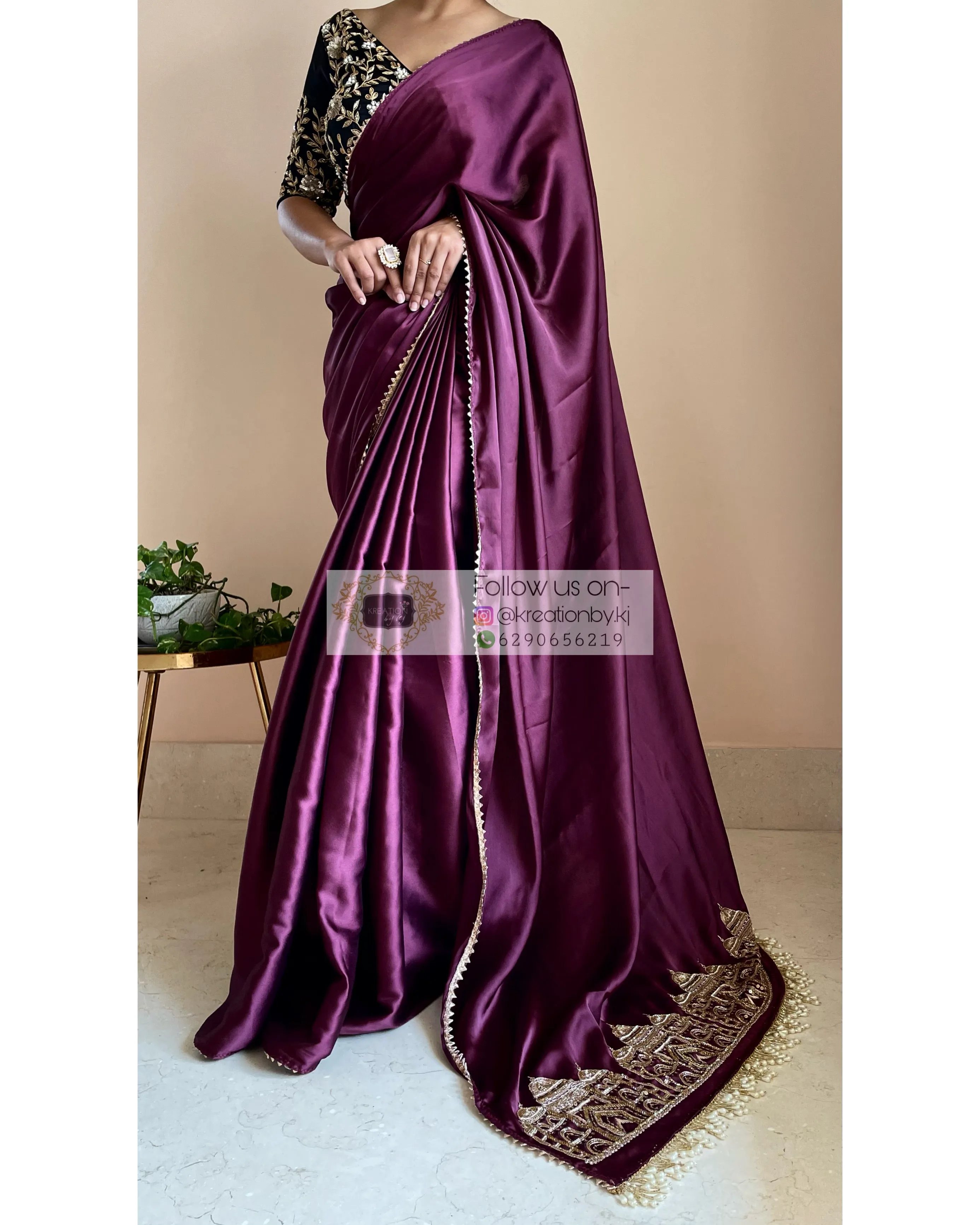 Dark Eggplant Wine Satin Silk Taj Mahal Saree