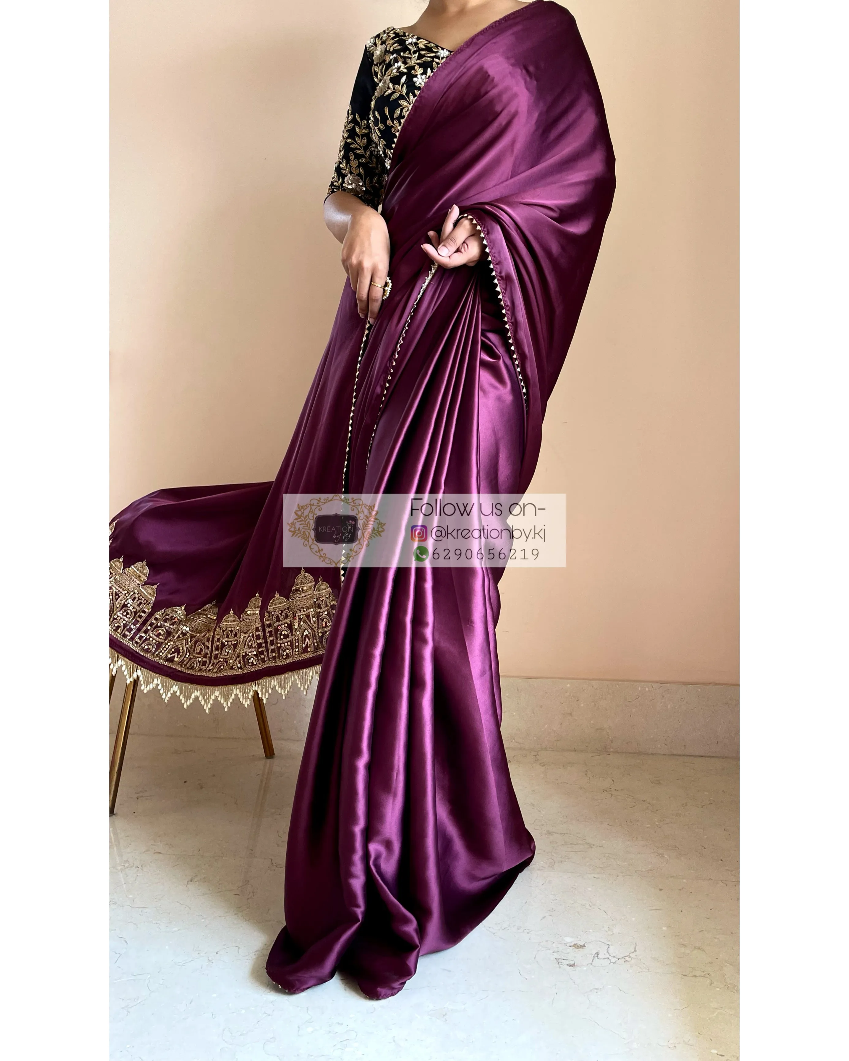 Dark Eggplant Wine Satin Silk Taj Mahal Saree