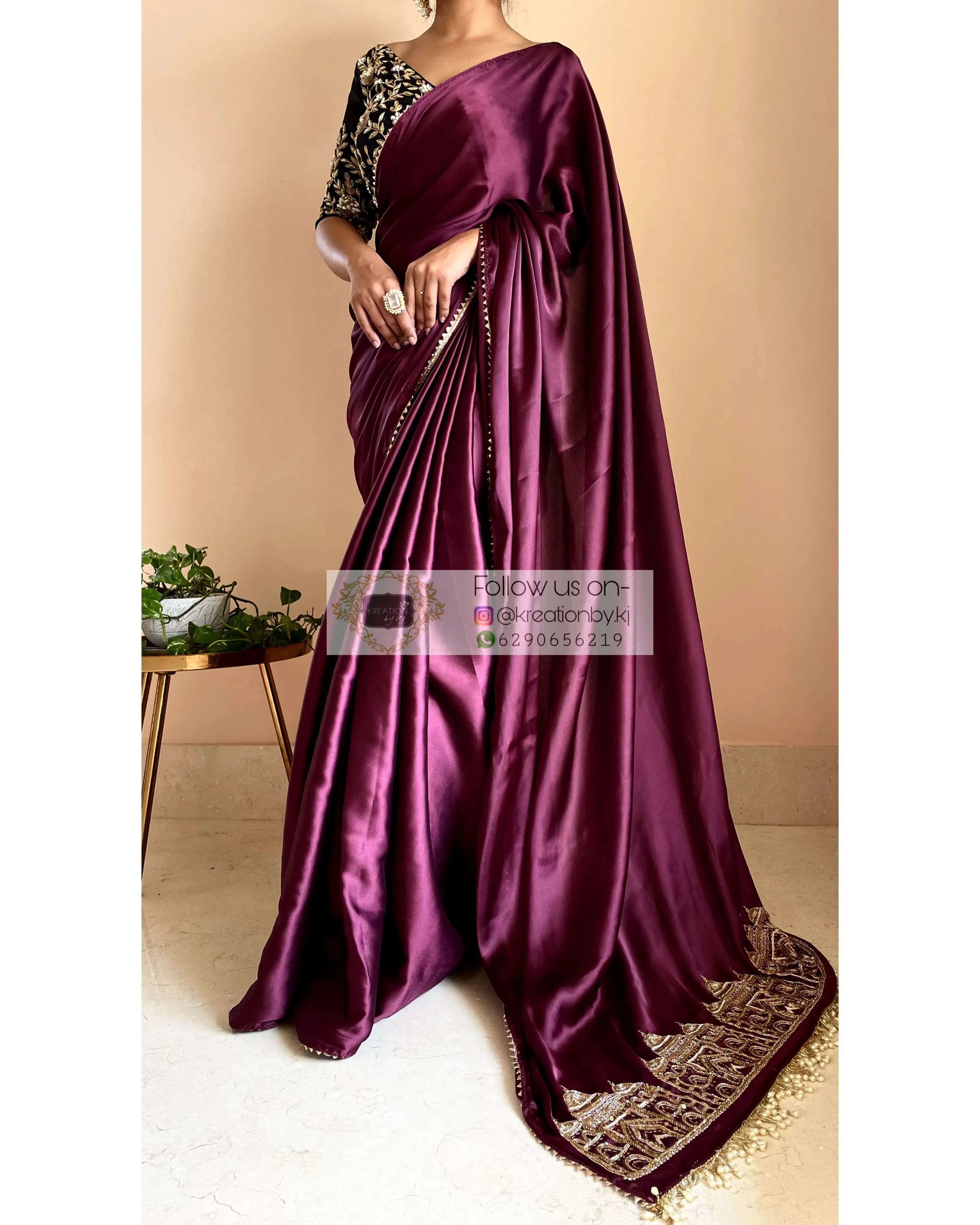 Dark Eggplant Wine Satin Silk Taj Mahal Saree