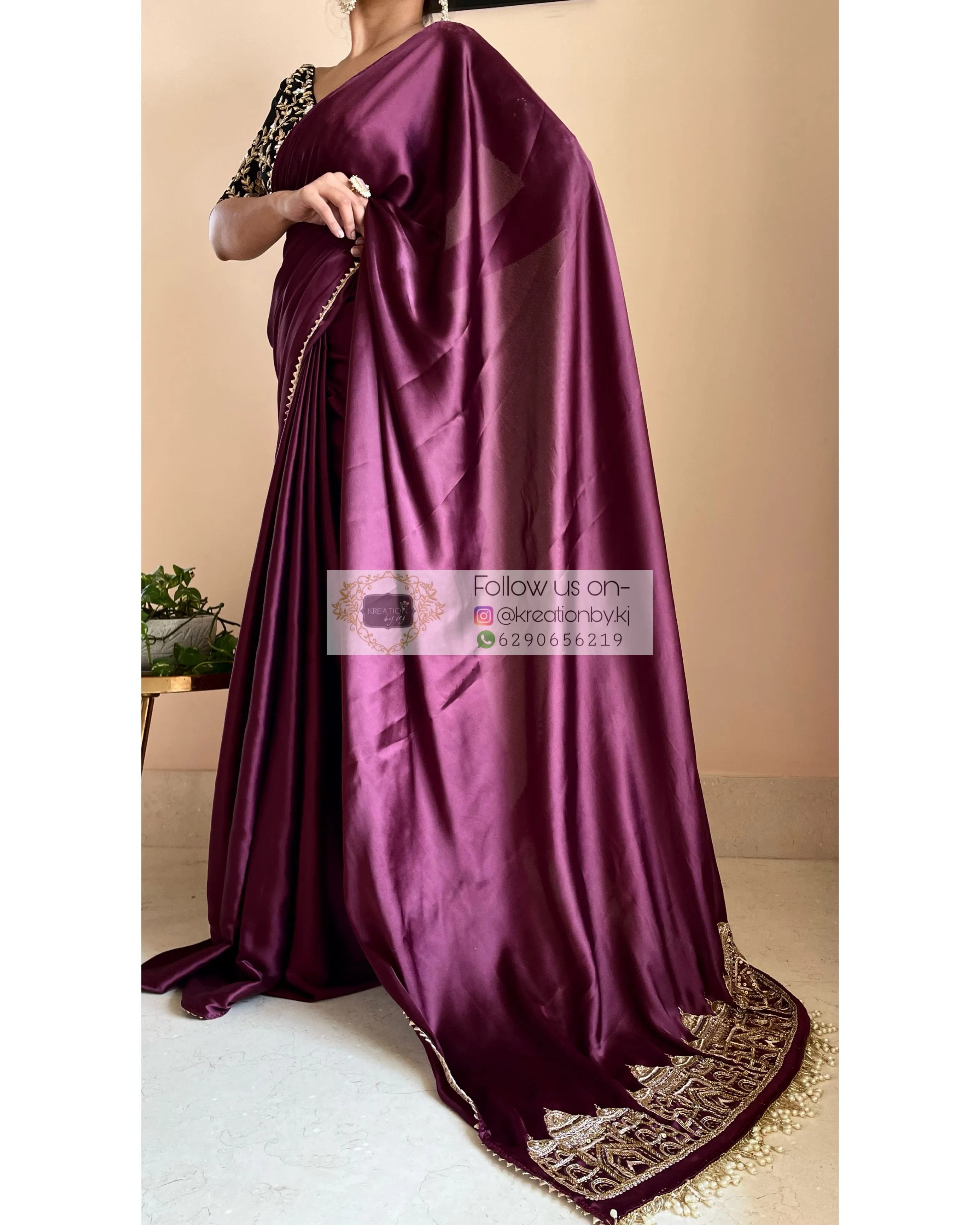 Dark Eggplant Wine Satin Silk Taj Mahal Saree