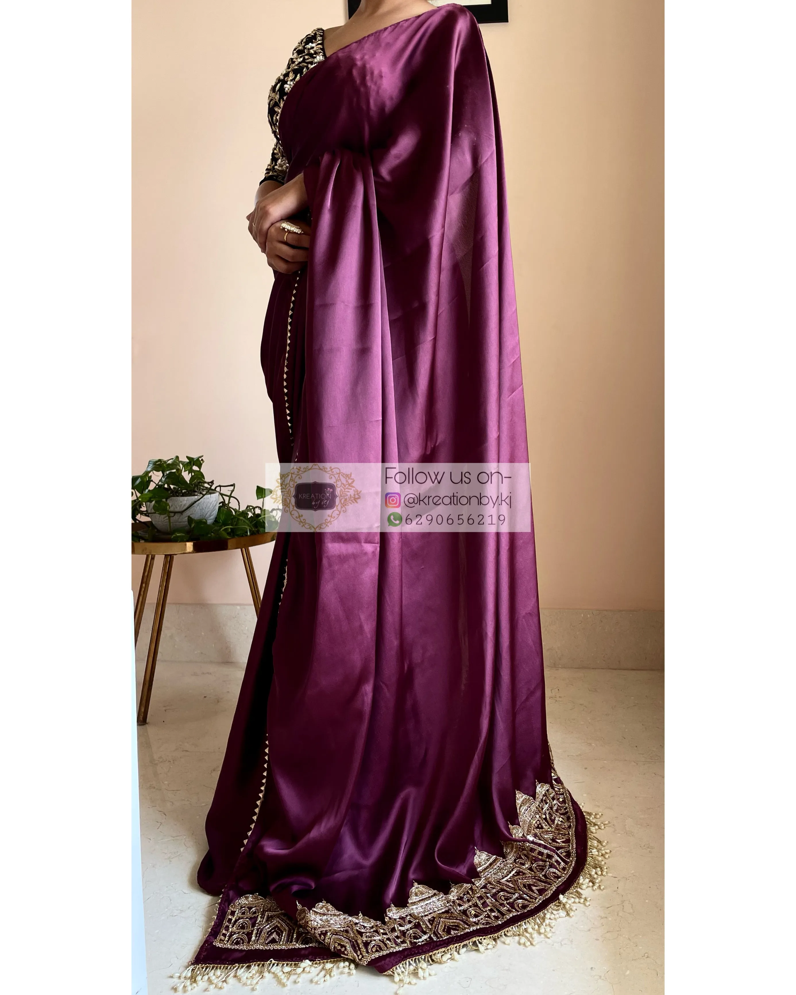 Dark Eggplant Wine Satin Silk Taj Mahal Saree