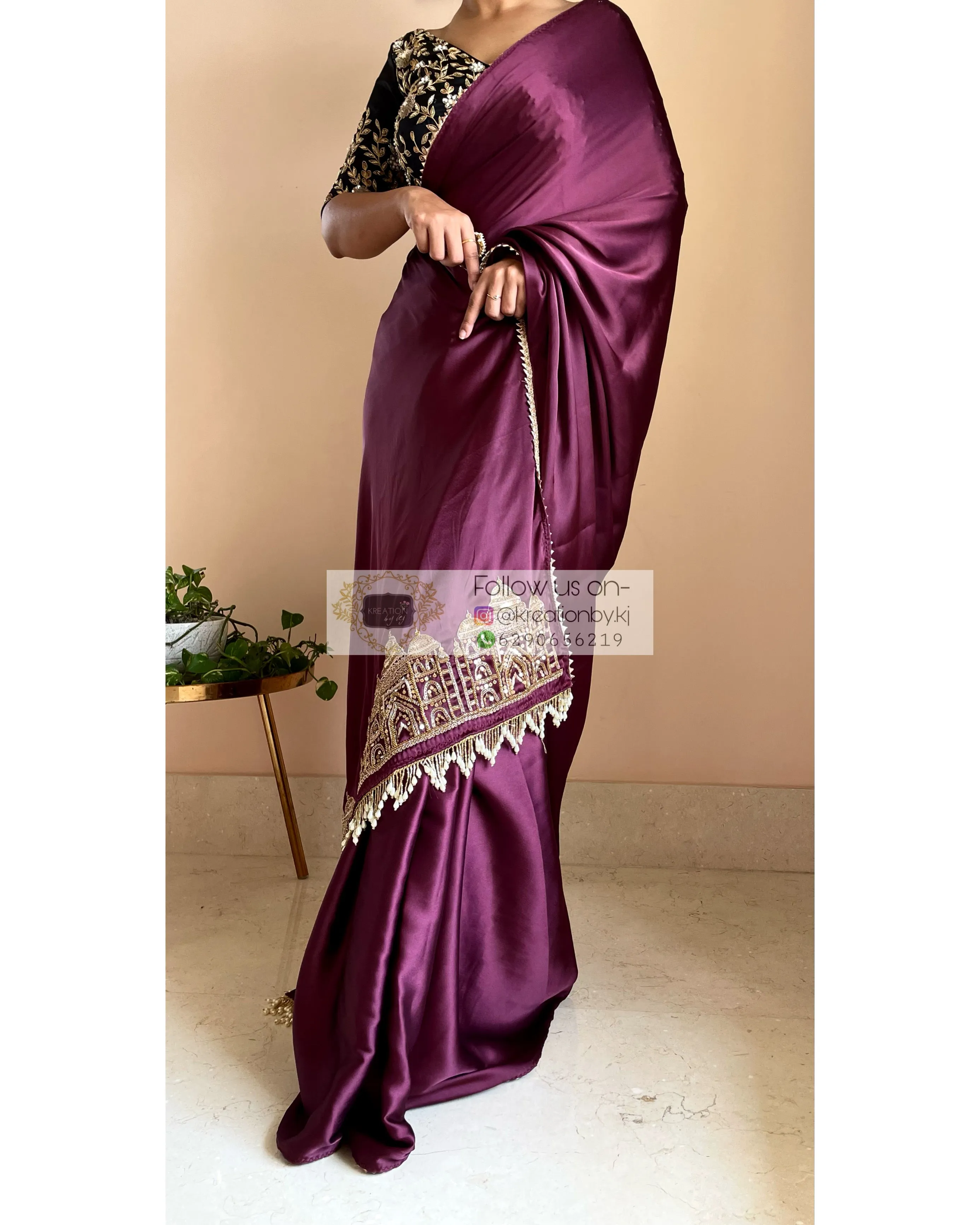 Dark Eggplant Wine Satin Silk Taj Mahal Saree